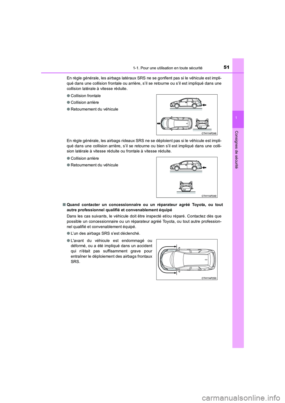 TOYOTA AURIS 2016 Notices Demploi (in French) 511-1. Pour une utilisation en toute sécurité
1
Consignes de sécurité
UK_AURIS_Touring_Sport_EK (OM12J32K)En règle générale, les airbags latéraux SRS ne se gonflent pas si le véhicule est imp TOYOTA AURIS 2016 Notices Demploi (in French) 511-1. Pour une utilisation en toute sécurité
1
Consignes de sécurité
UK_AURIS_Touring_Sport_EK (OM12J32K)En règle générale, les airbags latéraux SRS ne se gonflent pas si le véhicule est imp