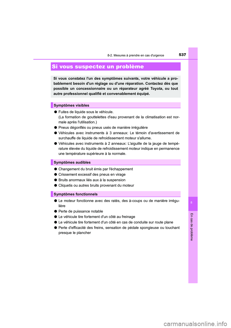 TOYOTA AURIS 2016 Notices Demploi (in French) 5378-2. Mesures à prendre en cas durgence
8
En cas de problème
UK_AURIS_Touring_Sport_EK (OM12J32K)
●Fuites de liquide sous le véhicule.
(La formation de gouttelettes deau provenant de la clima TOYOTA AURIS 2016 Notices Demploi (in French) 5378-2. Mesures à prendre en cas durgence
8
En cas de problème
UK_AURIS_Touring_Sport_EK (OM12J32K)
●Fuites de liquide sous le véhicule.
(La formation de gouttelettes deau provenant de la clima