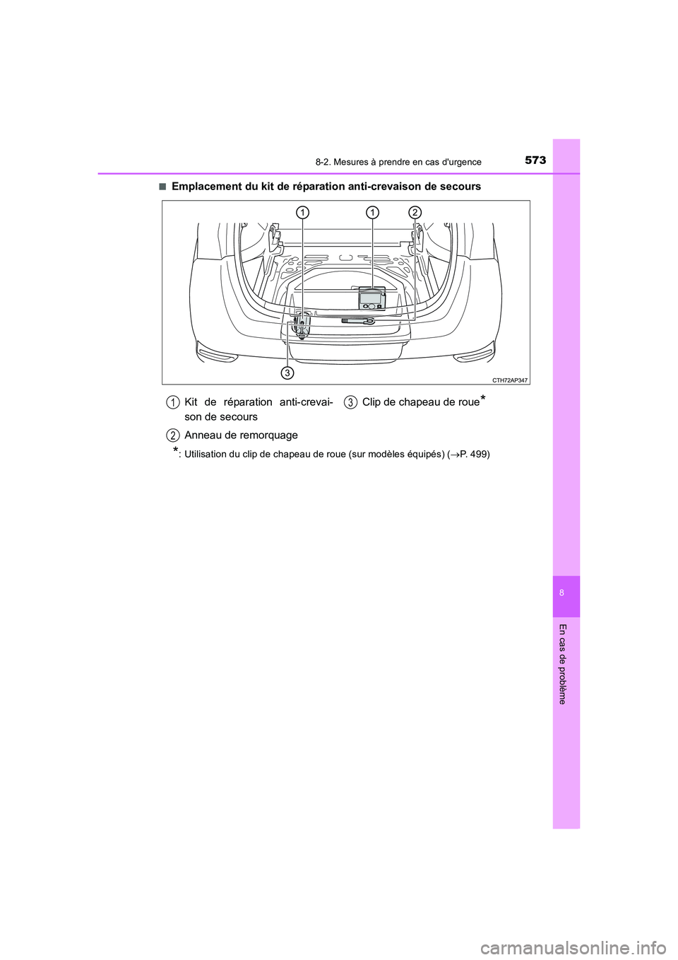 TOYOTA AURIS 2016 Notices Demploi (in French) 5738-2. Mesures à prendre en cas durgence
8
En cas de problème
UK_AURIS_Touring_Sport_EK (OM12J32K)■
Emplacement du kit de réparation anti-crevaison de secours
*: Utilisation du clip de chapeau TOYOTA AURIS 2016 Notices Demploi (in French) 5738-2. Mesures à prendre en cas durgence
8
En cas de problème
UK_AURIS_Touring_Sport_EK (OM12J32K)■
Emplacement du kit de réparation anti-crevaison de secours
*: Utilisation du clip de chapeau