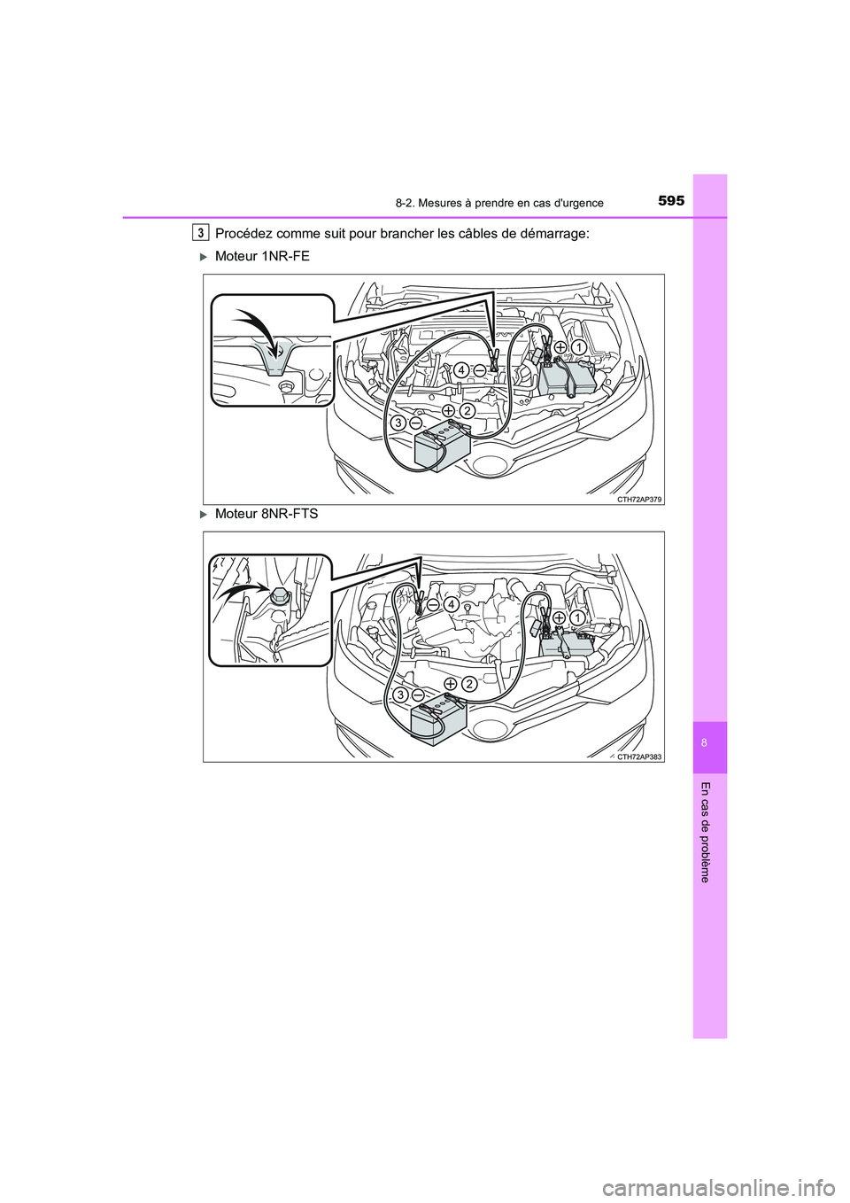 TOYOTA AURIS 2016  Notices Demploi (in French) 5958-2. Mesures à prendre en cas durgence
8
En cas de problème
UK_AURIS_Touring_Sport_EK (OM12J32K)
Procédez comme suit pour brancher les câbles de démarrage:
�XMoteur 1NR-FE
�XMoteur 8NR-FTS
3
