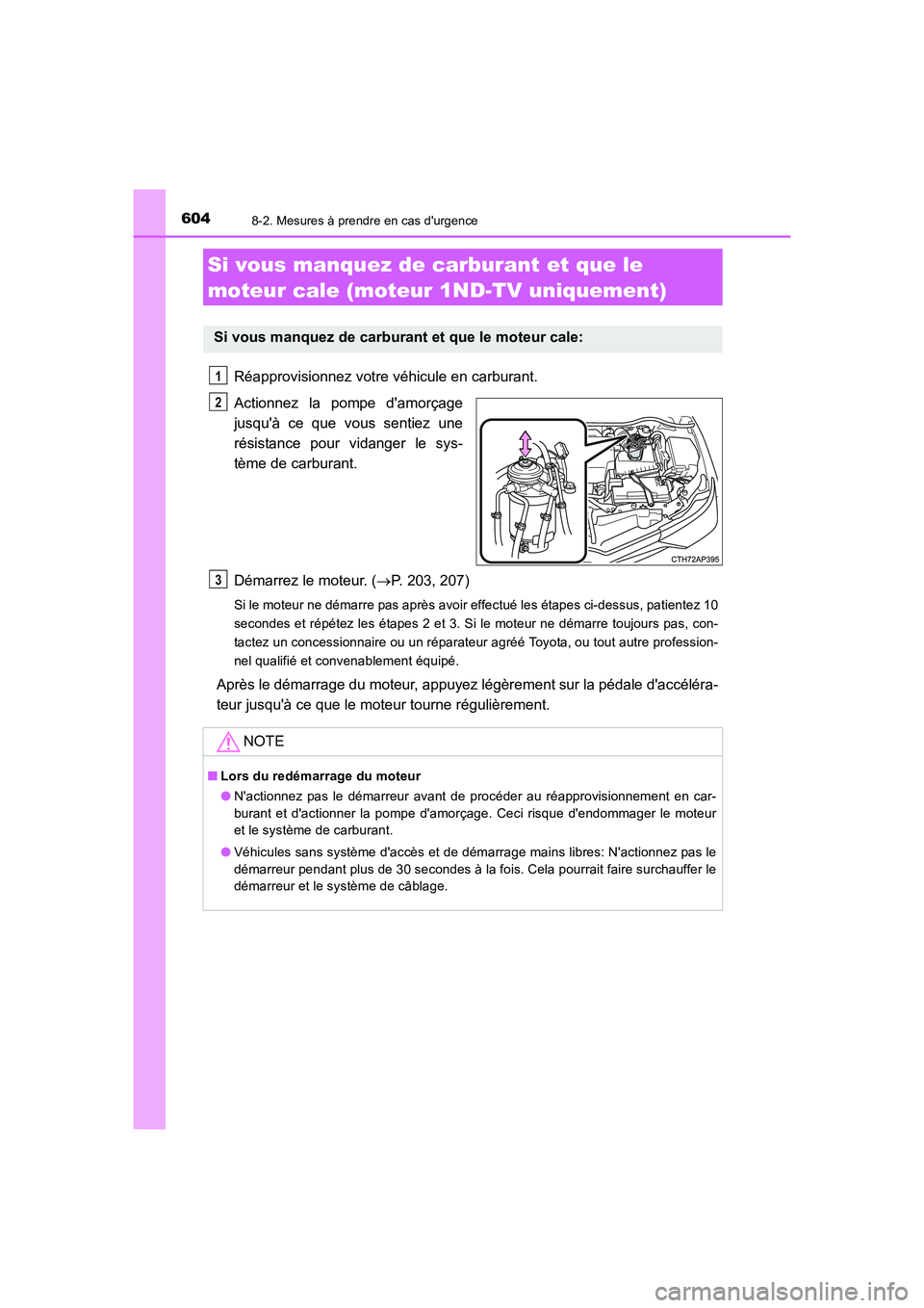 TOYOTA AURIS 2016  Notices Demploi (in French) 6048-2. Mesures à prendre en cas durgence
UK_AURIS_Touring_Sport_EK (OM12J32K)
Réapprovisionnez votre véhicule en carburant.
Actionnez la pompe damorçage
jusquà ce que vous sentiez une
résist