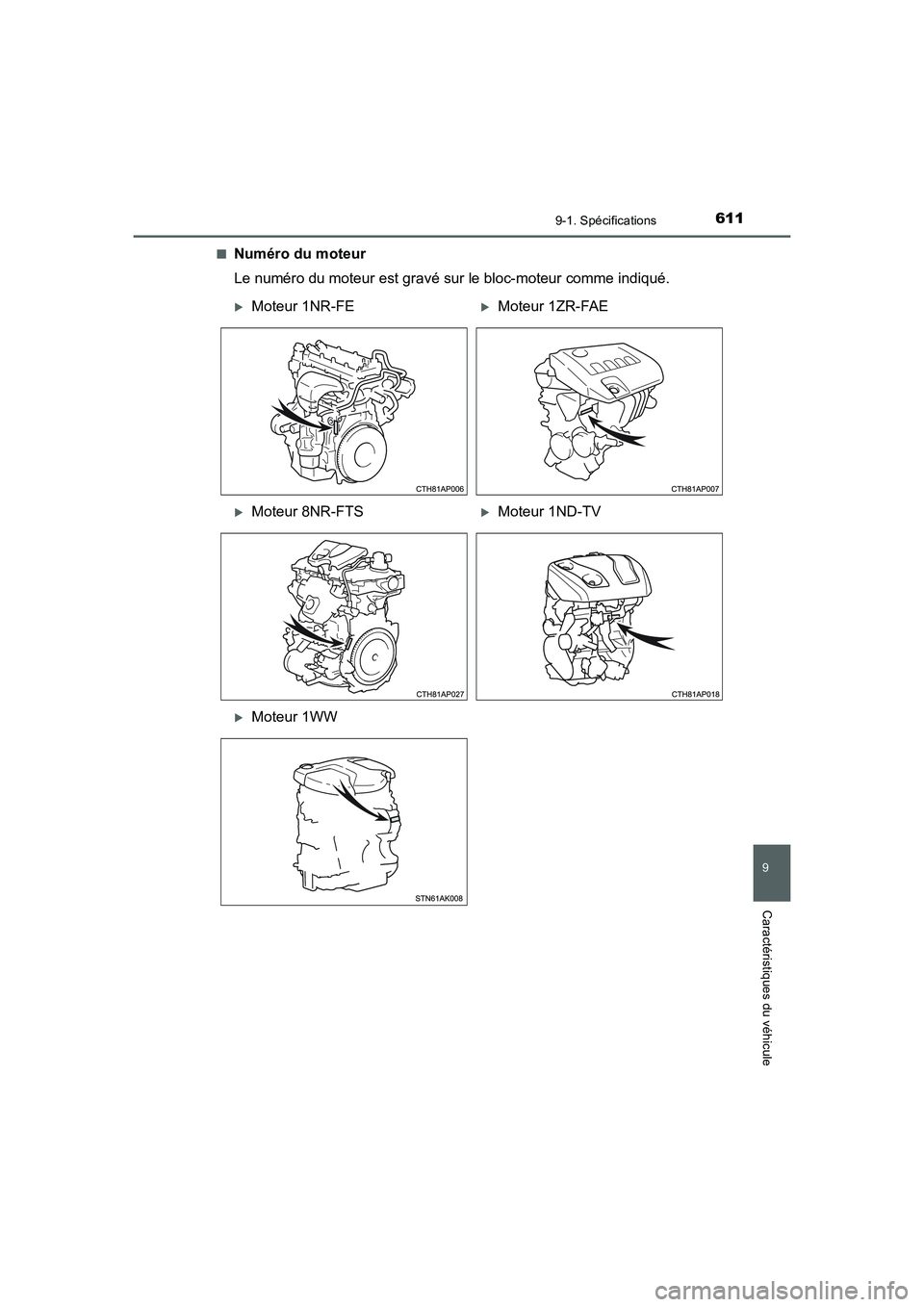 TOYOTA AURIS 2016  Notices Demploi (in French) 611
9
9-1. Spécifications
Caractéristiques du véhicule
UK_AURIS_Touring_Sport_EK (OM12J32K)■
Numéro du moteur
Le numéro du moteur est gravé sur le bloc-moteur comme indiqué.
�XMoteur 1NR-FE�X