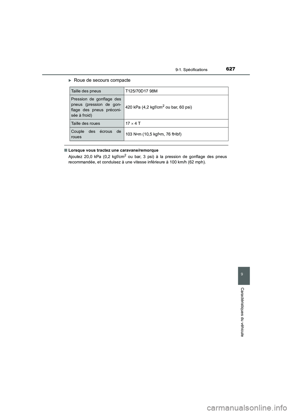 TOYOTA AURIS 2016  Notices Demploi (in French) 627
9
9-1. Spécifications
Caractéristiques du véhicule
UK_AURIS_Touring_Sport_EK (OM12J32K)
�XRoue de secours compacte
■Lorsque vous tractez une caravane/remorque
Ajoutez 20,0 kPa (0,2 kgf/cm2 ou