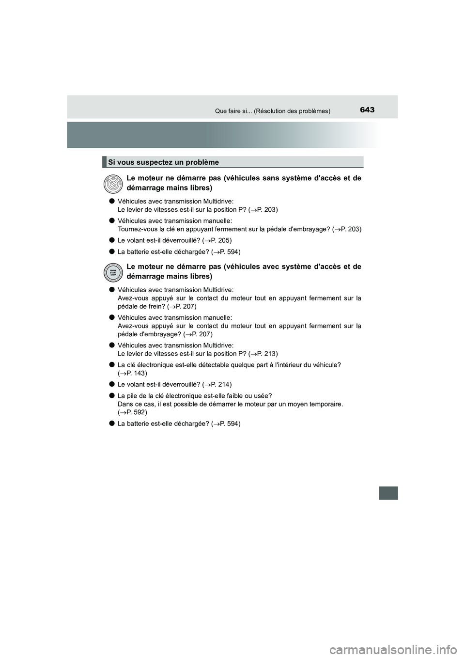 TOYOTA AURIS 2016 Notices Demploi (in French) 643Que faire si... (Résolution des problèmes)
UK_AURIS_Touring_Sport_EK (OM12J32K)
●Véhicules avec transmission Multidrive:
Le levier de vitesses est-il sur la position P? (→P. 203)
●Véhicul TOYOTA AURIS 2016 Notices Demploi (in French) 643Que faire si... (Résolution des problèmes)
UK_AURIS_Touring_Sport_EK (OM12J32K)
●Véhicules avec transmission Multidrive:
Le levier de vitesses est-il sur la position P? (→P. 203)
●Véhicul