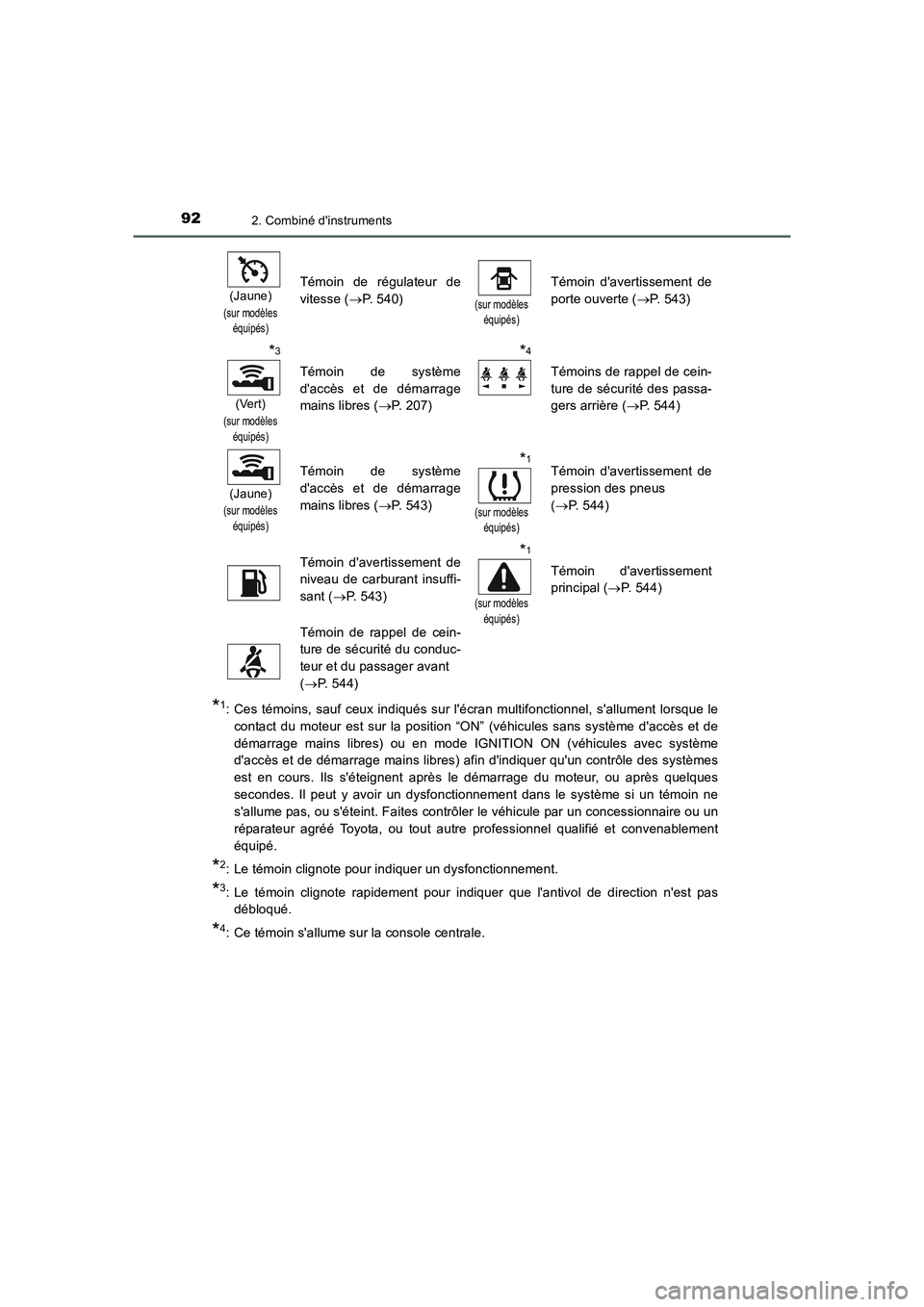 TOYOTA AURIS 2016  Notices Demploi (in French) 922. Combiné dinstruments
UK_AURIS_Touring_Sport_EK (OM12J32K)
*1: Ces témoins, sauf ceux indiqués sur lécran multifonctionnel, sallument lorsque le
contact du moteur est sur la position “ON�