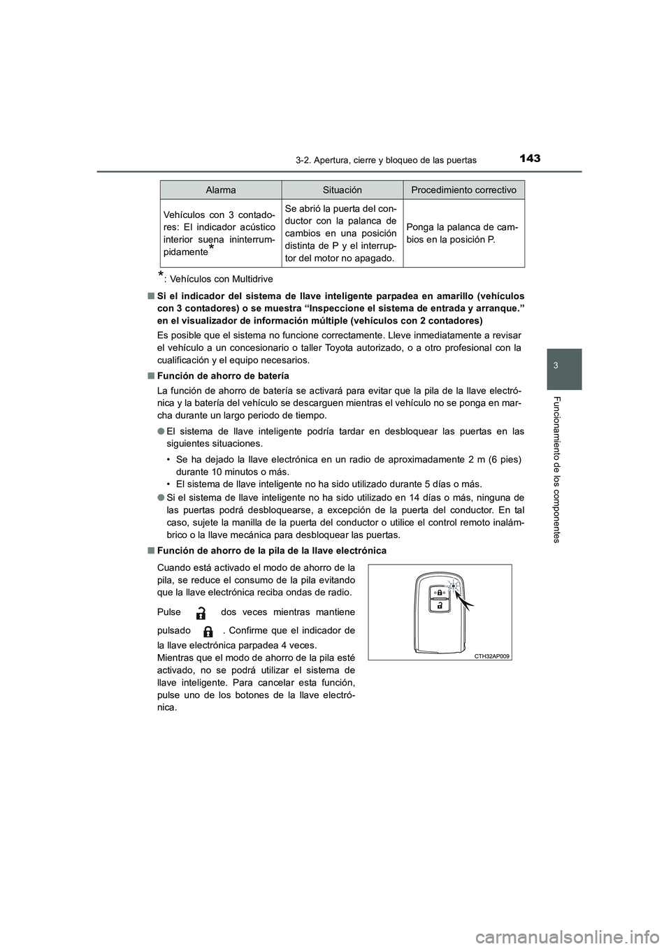 TOYOTA AURIS 2016  Manuale de Empleo (in Spanish) 1433-2. Apertura, cierre y bloqueo de las puertas
3
Funcionamiento de los componentes
UK_AURIS_Touring_Sport_ES (OM12J34S)
*: Vehículos con Multidrive
■Si el indicador del sistema de llave intelige