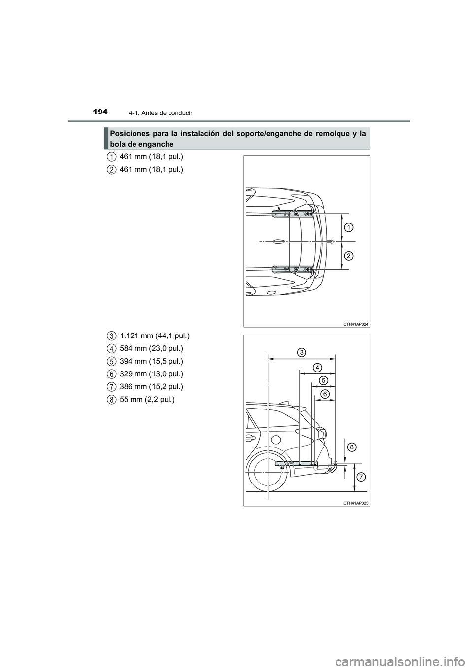 TOYOTA AURIS 2016  Manuale de Empleo (in Spanish) 1944-1. Antes de conducir
UK_AURIS_Touring_Sport_ES (OM12J34S)
461 mm (18,1 pul.)
461 mm (18,1 pul.)
1.121 mm (44,1 pul.)
584 mm (23,0 pul.)
394 mm (15,5 pul.)
329 mm (13,0 pul.)
386 mm (15,2 pul.)
55