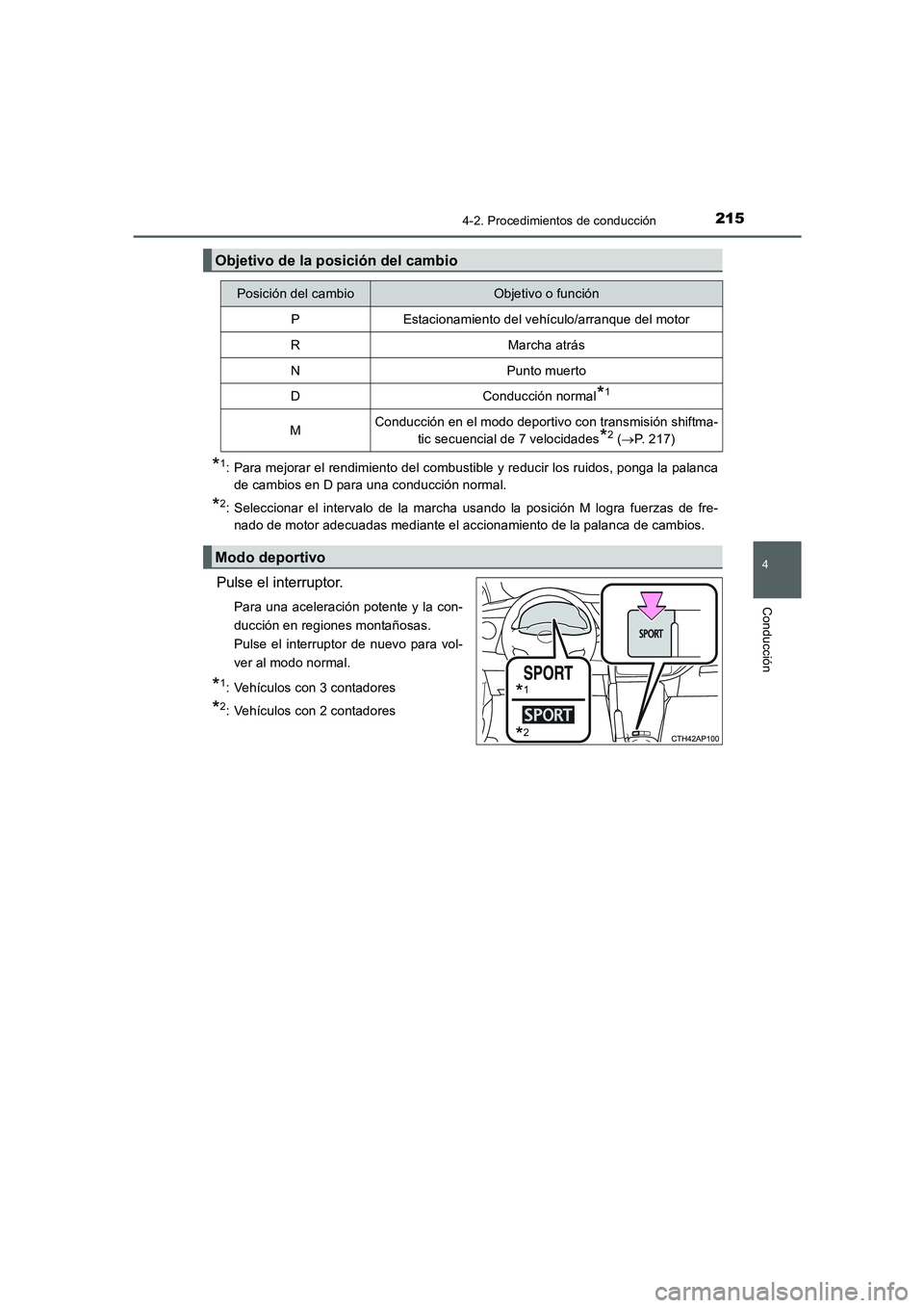 TOYOTA AURIS 2016 Manuale de Empleo (in Spanish) 2154-2. Procedimientos de conducción
4
Conducción
UK_AURIS_Touring_Sport_ES (OM12J34S)
*1: Para mejorar el rendimiento del combustible y reducir los ruidos, ponga la palanca
de cambios en D para una TOYOTA AURIS 2016 Manuale de Empleo (in Spanish) 2154-2. Procedimientos de conducción
4
Conducción
UK_AURIS_Touring_Sport_ES (OM12J34S)
*1: Para mejorar el rendimiento del combustible y reducir los ruidos, ponga la palanca
de cambios en D para una