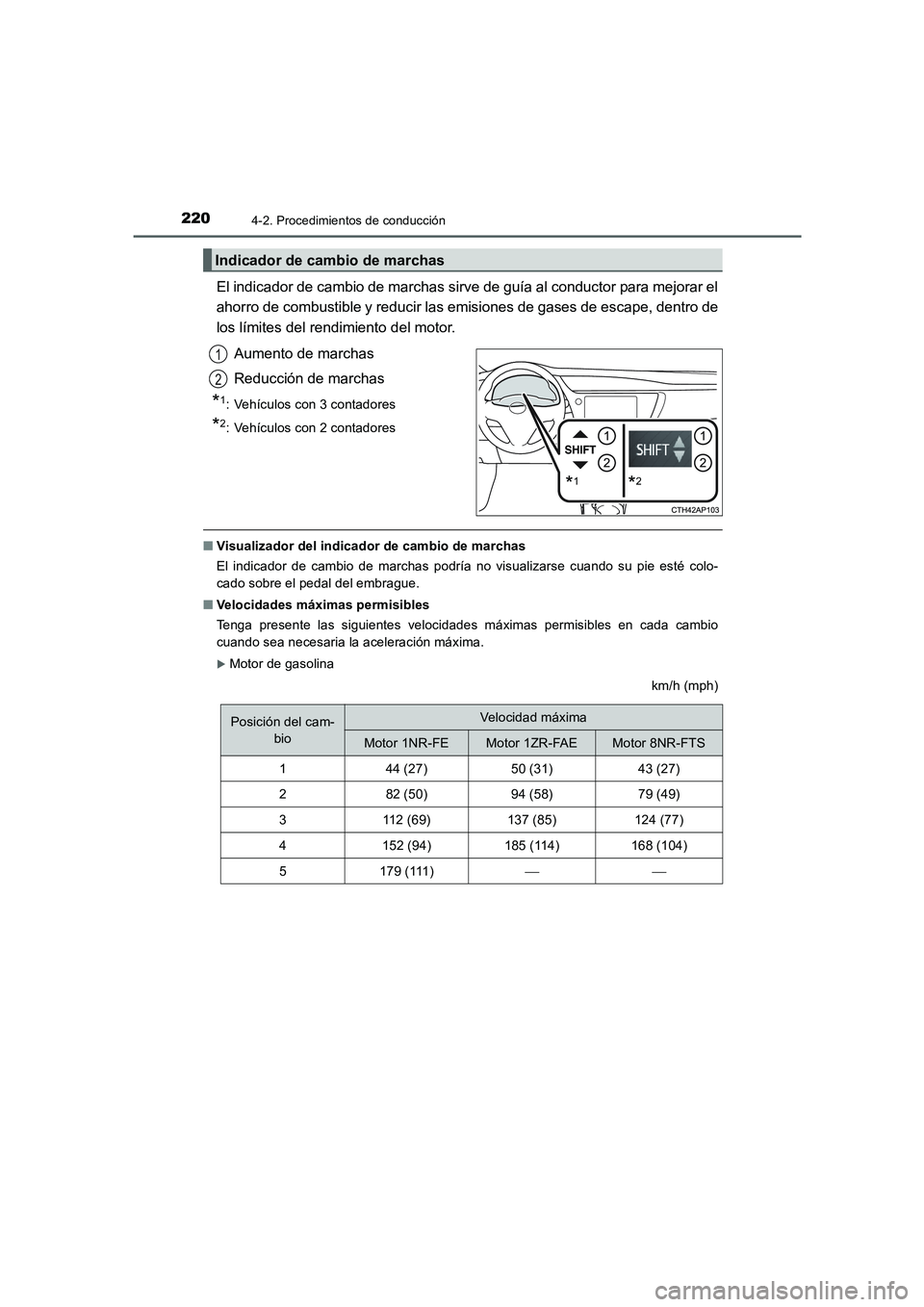 TOYOTA AURIS 2016 Manuale de Empleo (in Spanish) 2204-2. Procedimientos de conducción
UK_AURIS_Touring_Sport_ES (OM12J34S)
El indicador de cambio de marchas sirve de guía al conductor para mejorar el
ahorro de combustible y reducir las emisiones d TOYOTA AURIS 2016 Manuale de Empleo (in Spanish) 2204-2. Procedimientos de conducción
UK_AURIS_Touring_Sport_ES (OM12J34S)
El indicador de cambio de marchas sirve de guía al conductor para mejorar el
ahorro de combustible y reducir las emisiones d