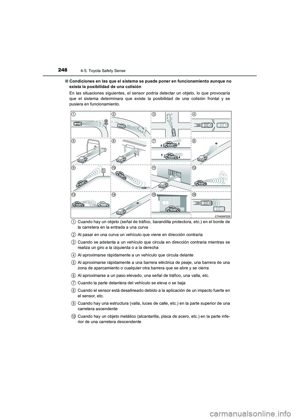 TOYOTA AURIS 2016 Manuale de Empleo (in Spanish) 2484-5. Toyota Safety Sense
UK_AURIS_Touring_Sport_ES (OM12J34S)■Condiciones en las que el sistema se puede poner en funcionamiento aunque no
exista la posibilidad de una colisión
En las situacione TOYOTA AURIS 2016 Manuale de Empleo (in Spanish) 2484-5. Toyota Safety Sense
UK_AURIS_Touring_Sport_ES (OM12J34S)■Condiciones en las que el sistema se puede poner en funcionamiento aunque no
exista la posibilidad de una colisión
En las situacione