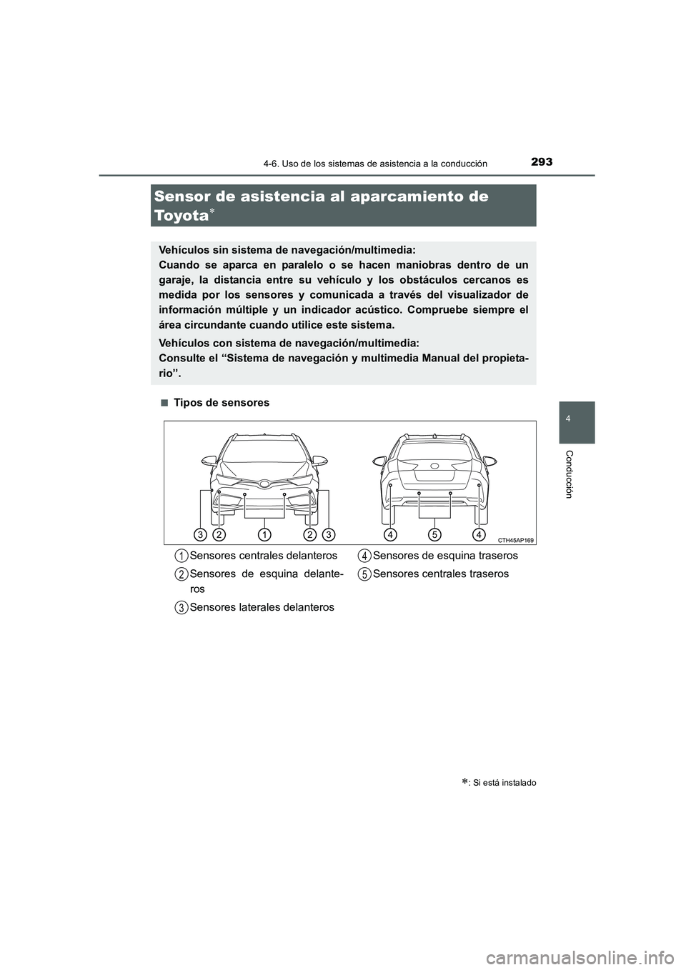 TOYOTA AURIS 2016  Manuale de Empleo (in Spanish) 2934-6. Uso de los sistemas de asistencia a la conducción
4
Conducción
UK_AURIS_Touring_Sport_ES (OM12J34S)■
Tipos de sensores
Sensor de asistencia al aparcamiento de 
To y o t a
∗
∗: Si está
