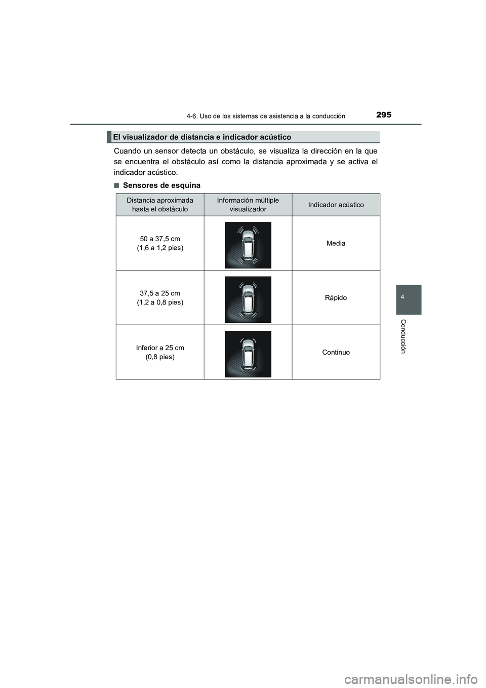 TOYOTA AURIS 2016  Manuale de Empleo (in Spanish) 2954-6. Uso de los sistemas de asistencia a la conducción
4
Conducción
UK_AURIS_Touring_Sport_ES (OM12J34S)
Cuando un sensor detecta un obstáculo, se visualiza la dirección en la que
se encuentra 