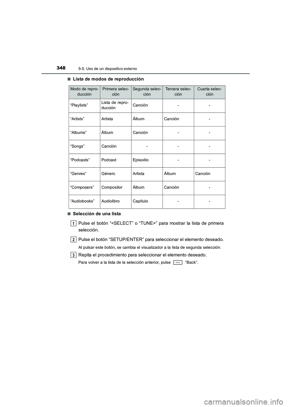 TOYOTA AURIS 2016 Manuale de Empleo (in Spanish) 3485-5. Uso de un dispositivo externo
UK_AURIS_Touring_Sport_ES (OM12J34S)■
Lista de modos de reproducción
■Selección de una lista
Pulse el botón “<SELECT” o “TUNE>” para mostrar la lis TOYOTA AURIS 2016 Manuale de Empleo (in Spanish) 3485-5. Uso de un dispositivo externo
UK_AURIS_Touring_Sport_ES (OM12J34S)■
Lista de modos de reproducción
■Selección de una lista
Pulse el botón “<SELECT” o “TUNE>” para mostrar la lis