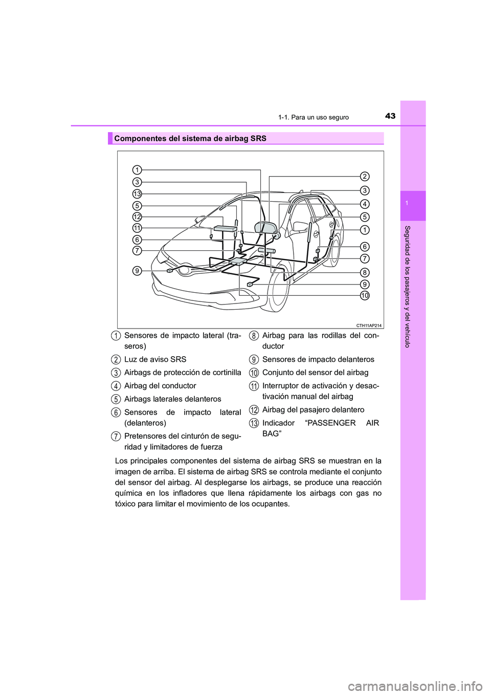 TOYOTA AURIS 2016 Manuale de Empleo (in Spanish) 431-1. Para un uso seguro
1
Seguridad de los pasajeros y del vehículo
UK_AURIS_Touring_Sport_ES (OM12J34S)
Los principales componentes del sistema de airbag SRS se muestran en la
imagen de arriba. El TOYOTA AURIS 2016 Manuale de Empleo (in Spanish) 431-1. Para un uso seguro
1
Seguridad de los pasajeros y del vehículo
UK_AURIS_Touring_Sport_ES (OM12J34S)
Los principales componentes del sistema de airbag SRS se muestran en la
imagen de arriba. El