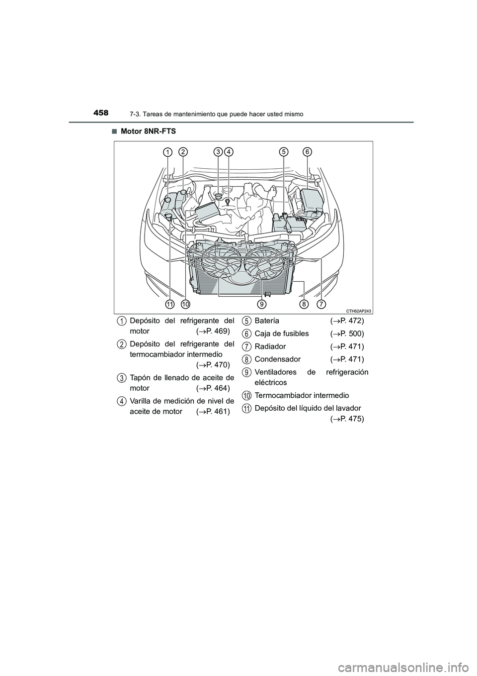 TOYOTA AURIS 2016  Manuale de Empleo (in Spanish) 4587-3. Tareas de mantenimiento que puede hacer usted mismo
UK_AURIS_Touring_Sport_ES (OM12J34S)■
Motor 8NR-FTS
Depósito del refrigerante del
motor (→P. 469)
Depósito del refrigerante del
termoc