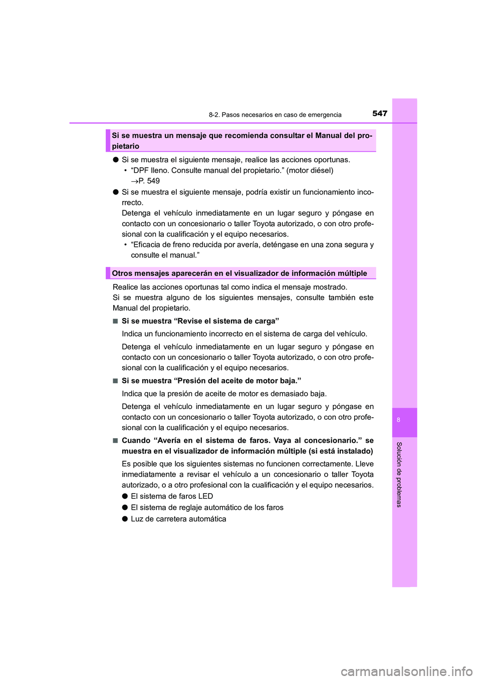 TOYOTA AURIS 2016 Manuale de Empleo (in Spanish) 5478-2. Pasos necesarios en caso de emergencia
8
Solución de problemas
UK_AURIS_Touring_Sport_ES (OM12J34S)
●Si se muestra el siguiente mensaje, realice las acciones oportunas.
• “DPF lleno. Co TOYOTA AURIS 2016 Manuale de Empleo (in Spanish) 5478-2. Pasos necesarios en caso de emergencia
8
Solución de problemas
UK_AURIS_Touring_Sport_ES (OM12J34S)
●Si se muestra el siguiente mensaje, realice las acciones oportunas.
• “DPF lleno. Co