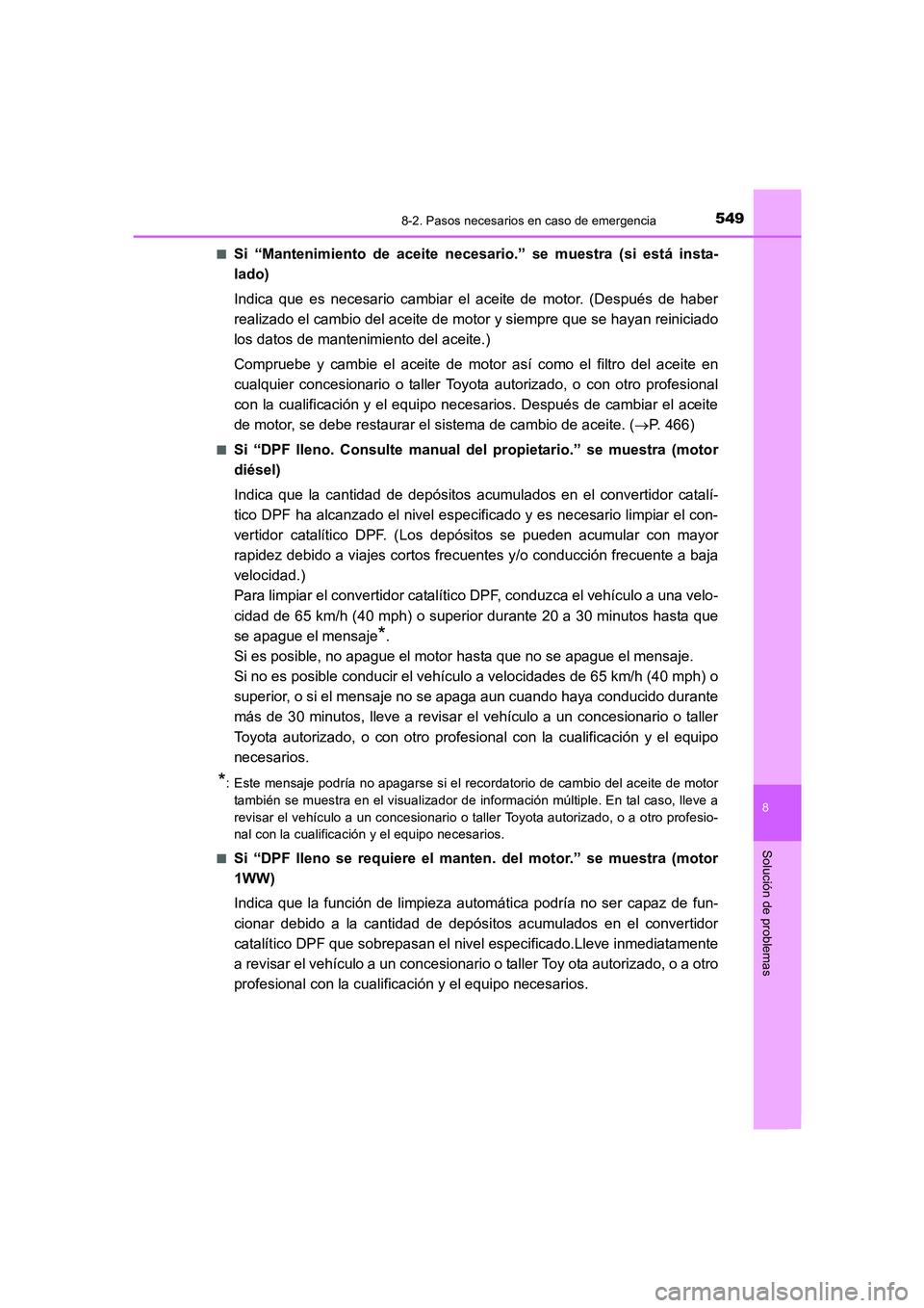 TOYOTA AURIS 2016 Manuale de Empleo (in Spanish) 5498-2. Pasos necesarios en caso de emergencia
8
Solución de problemas
UK_AURIS_Touring_Sport_ES (OM12J34S)■
Si “Mantenimiento de aceite necesario.” se muestra (si está insta-
lado)
Indica que TOYOTA AURIS 2016 Manuale de Empleo (in Spanish) 5498-2. Pasos necesarios en caso de emergencia
8
Solución de problemas
UK_AURIS_Touring_Sport_ES (OM12J34S)■
Si “Mantenimiento de aceite necesario.” se muestra (si está insta-
lado)
Indica que