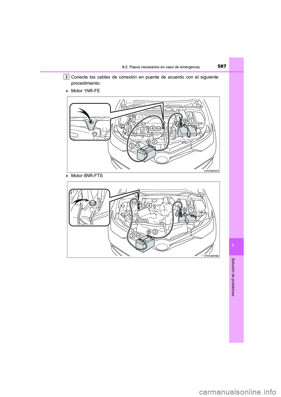 TOYOTA AURIS 2016  Manuale de Empleo (in Spanish) 5878-2. Pasos necesarios en caso de emergencia
8
Solución de problemas
UK_AURIS_Touring_Sport_ES (OM12J34S)
Conecte los cables de conexión en puente de acuerdo con el siguiente
procedimiento:
�XMoto