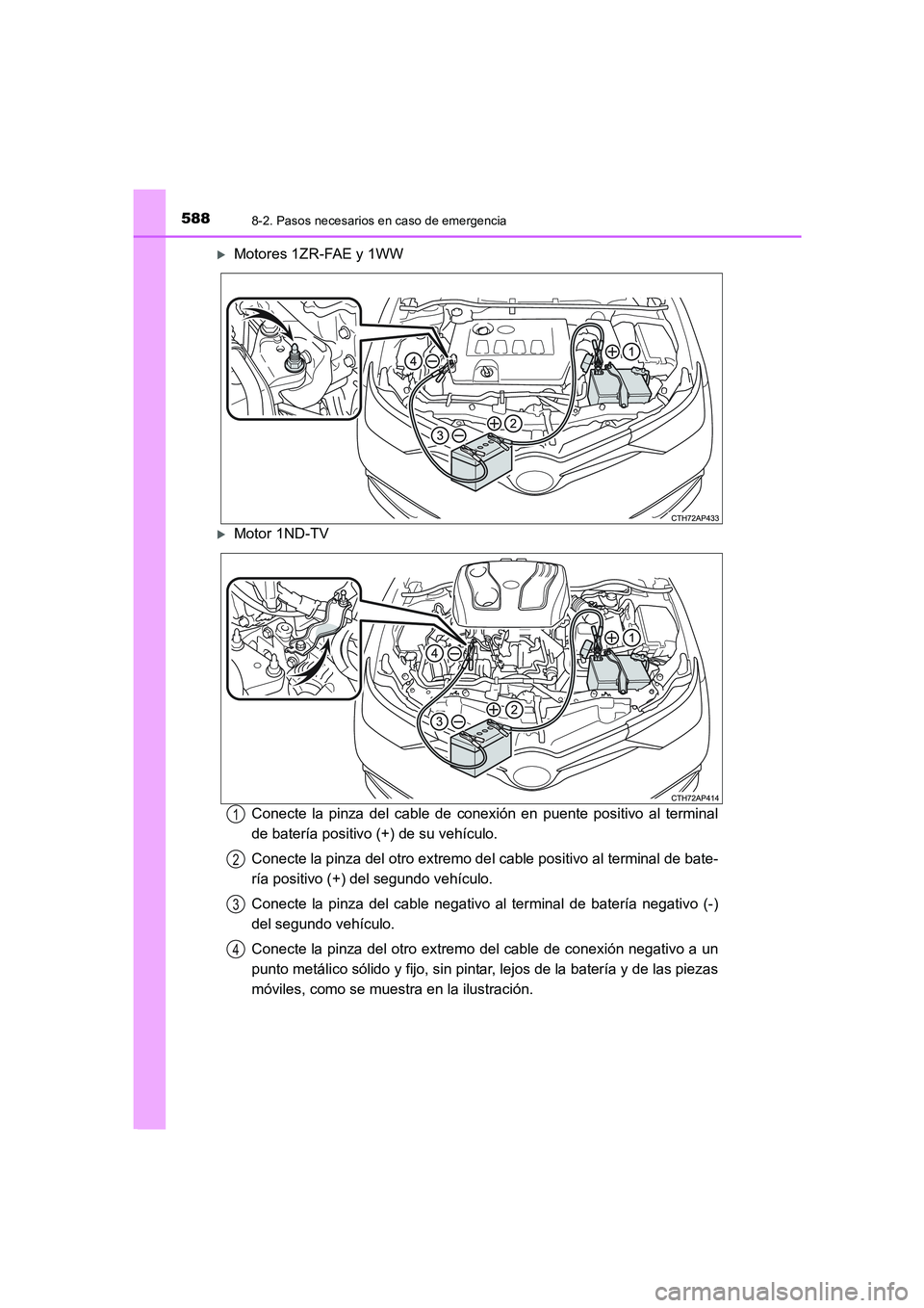 TOYOTA AURIS 2016  Manuale de Empleo (in Spanish) 5888-2. Pasos necesarios en caso de emergencia
UK_AURIS_Touring_Sport_ES (OM12J34S)
�XMotores 1ZR-FAE y 1WW
�XMotor 1ND-TV
Conecte la pinza del cable de conexión en puente positivo al terminal
de bat
