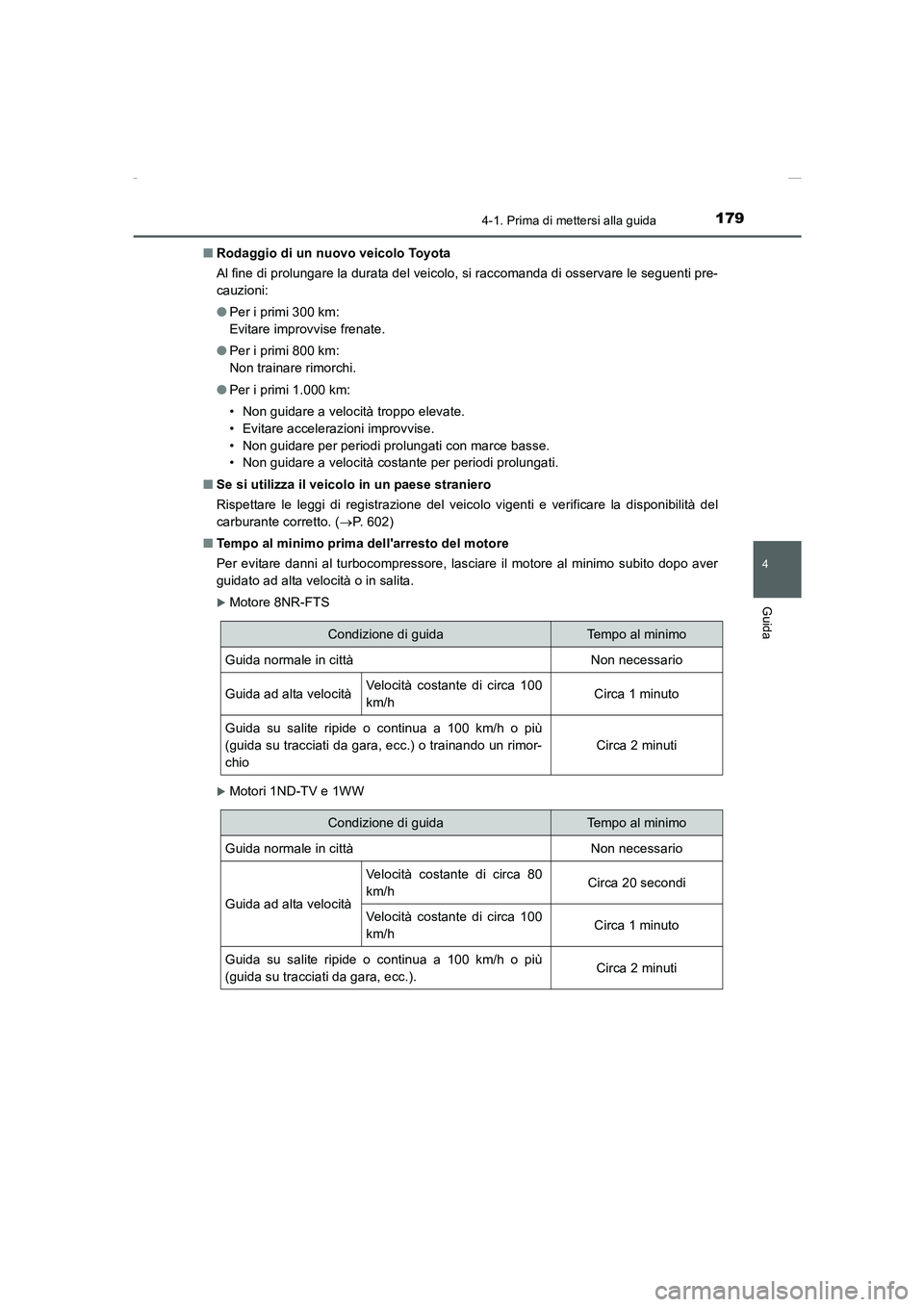 TOYOTA AURIS 2016  Manuale duso (in Italian) 1794-1. Prima di mettersi alla guida
4
Guida
UK_AURIS_Touring_Sports_EL (OM12J35L)■Rodaggio di un nuovo veicolo Toyota
Al fine di prolungare la durata del veicolo, si raccomanda di osservare le segu