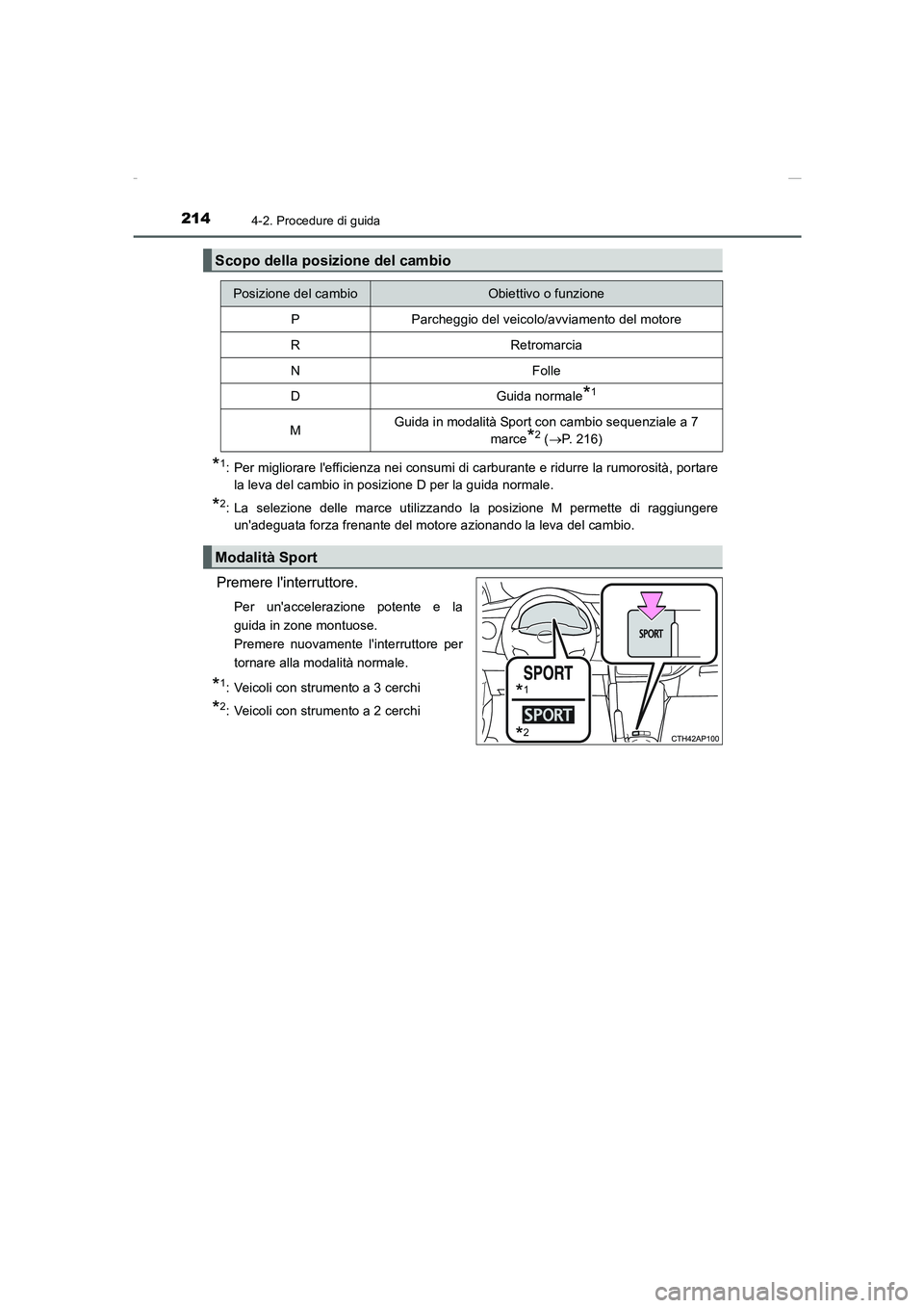 TOYOTA AURIS 2016  Manuale duso (in Italian) 2144-2. Procedure di guida
UK_AURIS_Touring_Sports_EL (OM12J35L)
*1: Per migliorare lefficienza nei consumi di carburante e ridurre la rumorosità, portare
la leva del cambio in posizione D per la gu