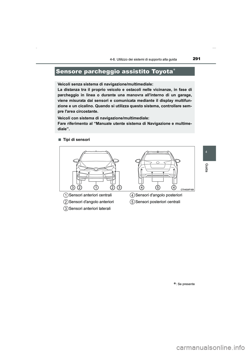 TOYOTA AURIS 2016  Manuale duso (in Italian) 2914-6. Utilizzo dei sistemi di supporto alla guida
4
Guida
UK_AURIS_Touring_Sports_EL (OM12J35L)■
Tipi di sensori
Sensore parcheggio assistito Toyota∗
∗: Se presente
Veicoli senza sistema di na