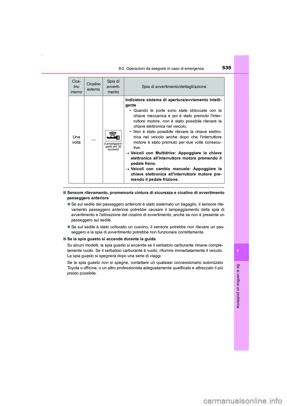 TOYOTA AURIS 2016  Manuale duso (in Italian) 5358-2. Operazioni da eseguire in caso di emergenza
8
Se si verifica un problema
UK_AURIS_Touring_Sports_EL (OM12J35L)
■Sensore rilevamento, promemoria cintura di sicurezza e cicalino di avvertiment