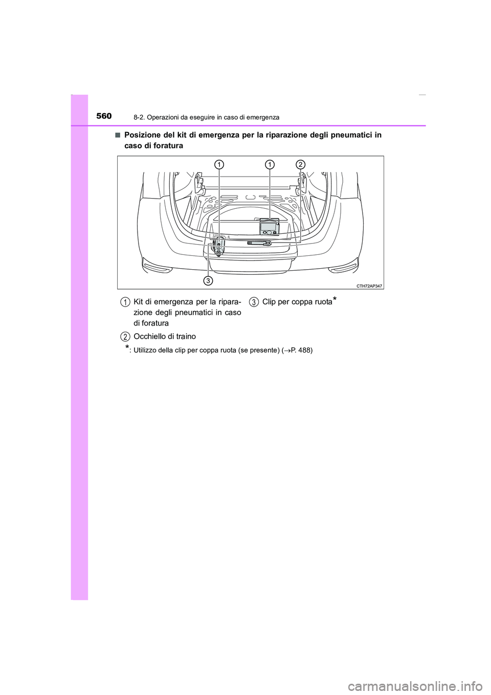 TOYOTA AURIS 2016  Manuale duso (in Italian) 5608-2. Operazioni da eseguire in caso di emergenza
UK_AURIS_Touring_Sports_EL (OM12J35L)■
Posizione del kit di emergenza per la riparazione degli pneumatici in
caso di foratura
*: Utilizzo della cl