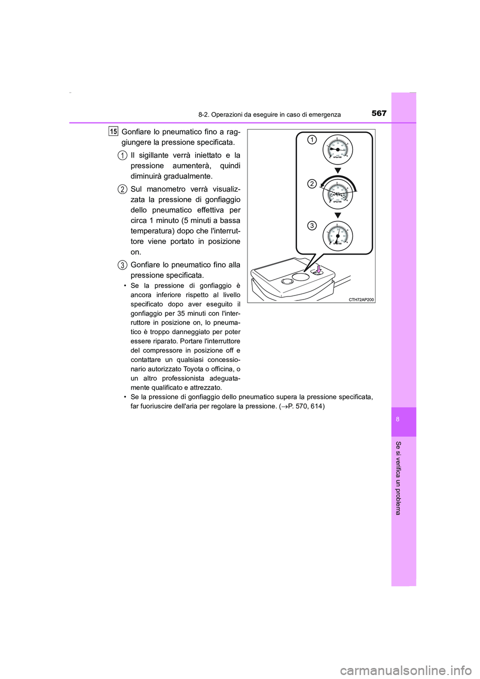 TOYOTA AURIS 2016 Manuale duso (in Italian) 5678-2. Operazioni da eseguire in caso di emergenza
8
Se si verifica un problema
UK_AURIS_Touring_Sports_EL (OM12J35L)
Gonfiare lo pneumatico fino a rag-
giungere la pressione specificata.
Il sigillan TOYOTA AURIS 2016 Manuale duso (in Italian) 5678-2. Operazioni da eseguire in caso di emergenza
8
Se si verifica un problema
UK_AURIS_Touring_Sports_EL (OM12J35L)
Gonfiare lo pneumatico fino a rag-
giungere la pressione specificata.
Il sigillan