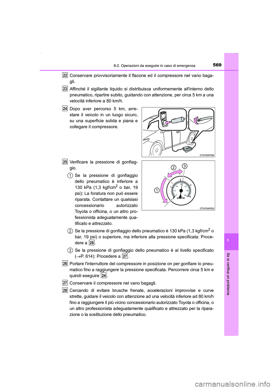 TOYOTA AURIS 2016 Manuale duso (in Italian) 5698-2. Operazioni da eseguire in caso di emergenza
8
Se si verifica un problema
UK_AURIS_Touring_Sports_EL (OM12J35L)
Conservare provvisoriamente il flacone ed il compressore nel vano baga-
gli.
Affi TOYOTA AURIS 2016 Manuale duso (in Italian) 5698-2. Operazioni da eseguire in caso di emergenza
8
Se si verifica un problema
UK_AURIS_Touring_Sports_EL (OM12J35L)
Conservare provvisoriamente il flacone ed il compressore nel vano baga-
gli.
Affi