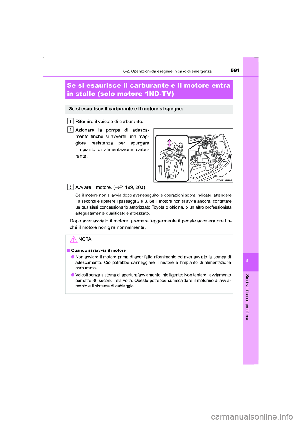 TOYOTA AURIS 2016 Manuale duso (in Italian) 5918-2. Operazioni da eseguire in caso di emergenza
8
Se si verifica un problema
UK_AURIS_Touring_Sports_EL (OM12J35L)
Rifornire il veicolo di carburante.
Azionare la pompa di adesca-
mento finché si TOYOTA AURIS 2016 Manuale duso (in Italian) 5918-2. Operazioni da eseguire in caso di emergenza
8
Se si verifica un problema
UK_AURIS_Touring_Sports_EL (OM12J35L)
Rifornire il veicolo di carburante.
Azionare la pompa di adesca-
mento finché si
