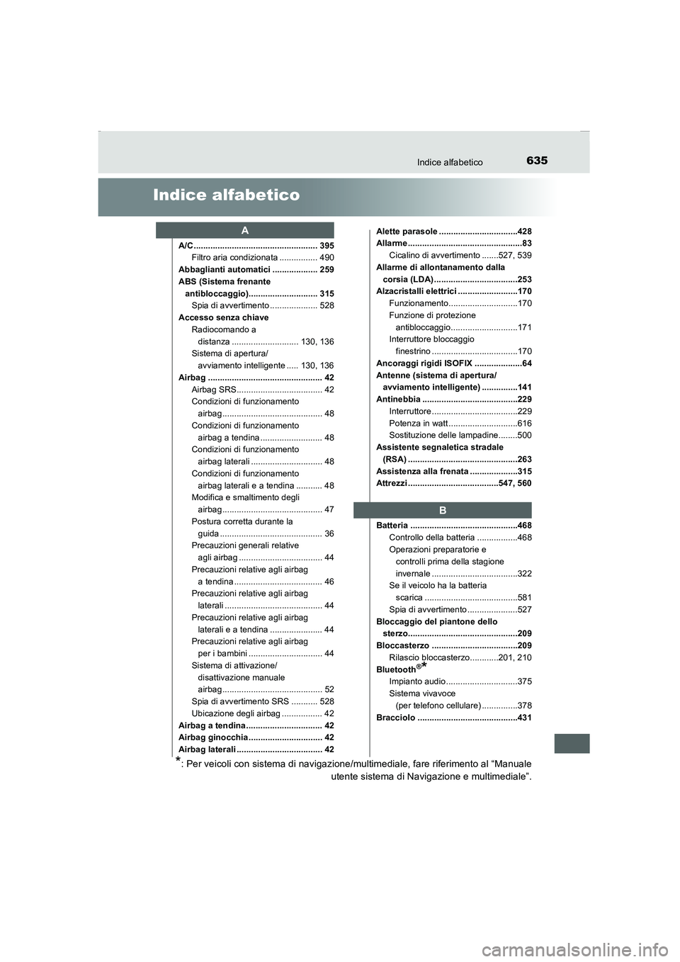TOYOTA AURIS 2016  Manuale duso (in Italian) 635
UK_AURIS_Touring_Sports_EL (OM12J35L)
Indice alfabetico
Indice alfabetico
A/C .................................................... 395
Filtro aria condizionata ................ 490
Abbaglianti aut