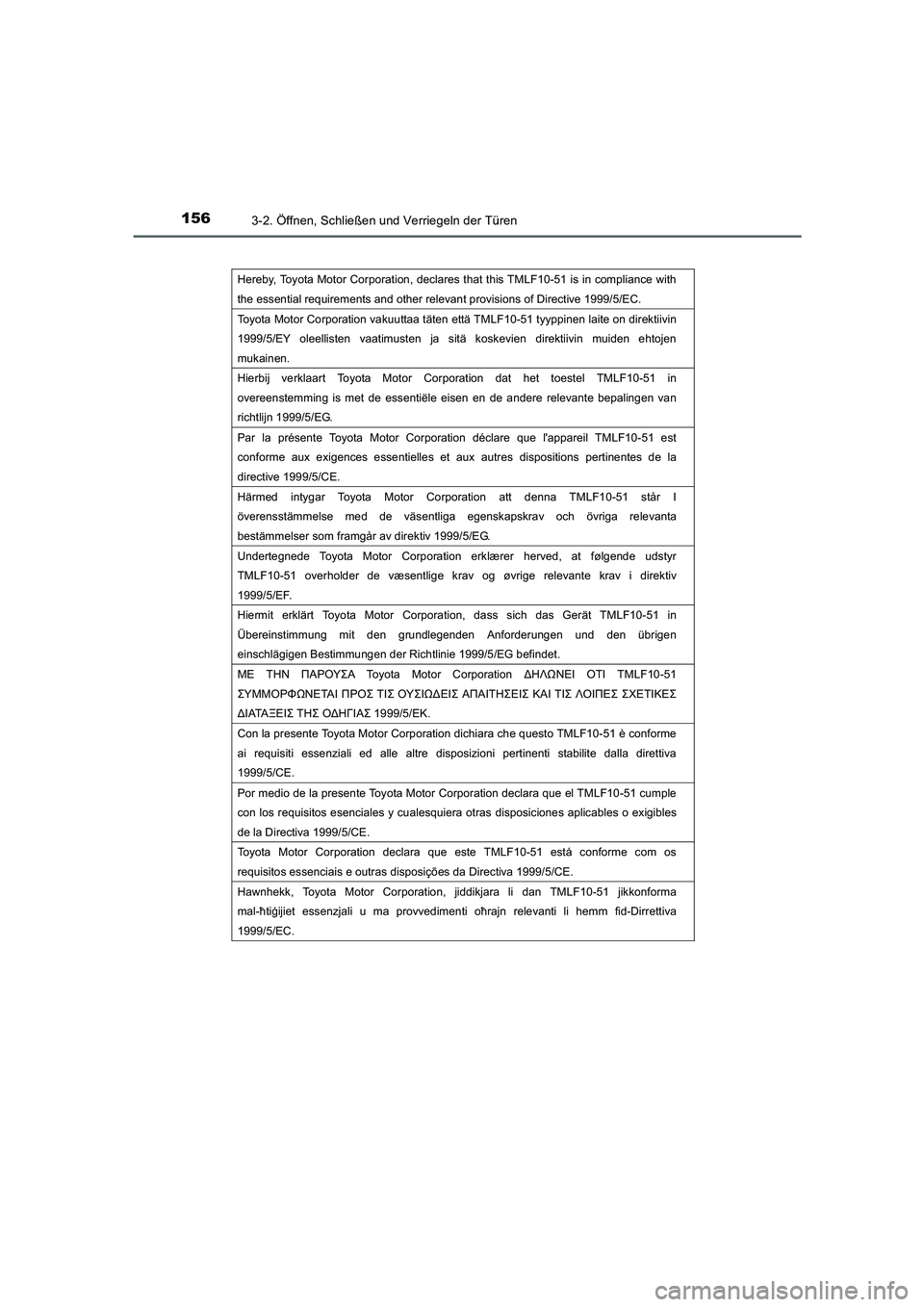 TOYOTA AURIS 2016  Betriebsanleitungen (in German) 1563-2. Öffnen, Schließen und Verriegeln der Türen
UK_AURIS_Touring_Sport_EM (OM12J33M)
Hereby, Toyota Motor Corporation, declares that this TMLF10-51 is in compliance with 
the essential requireme