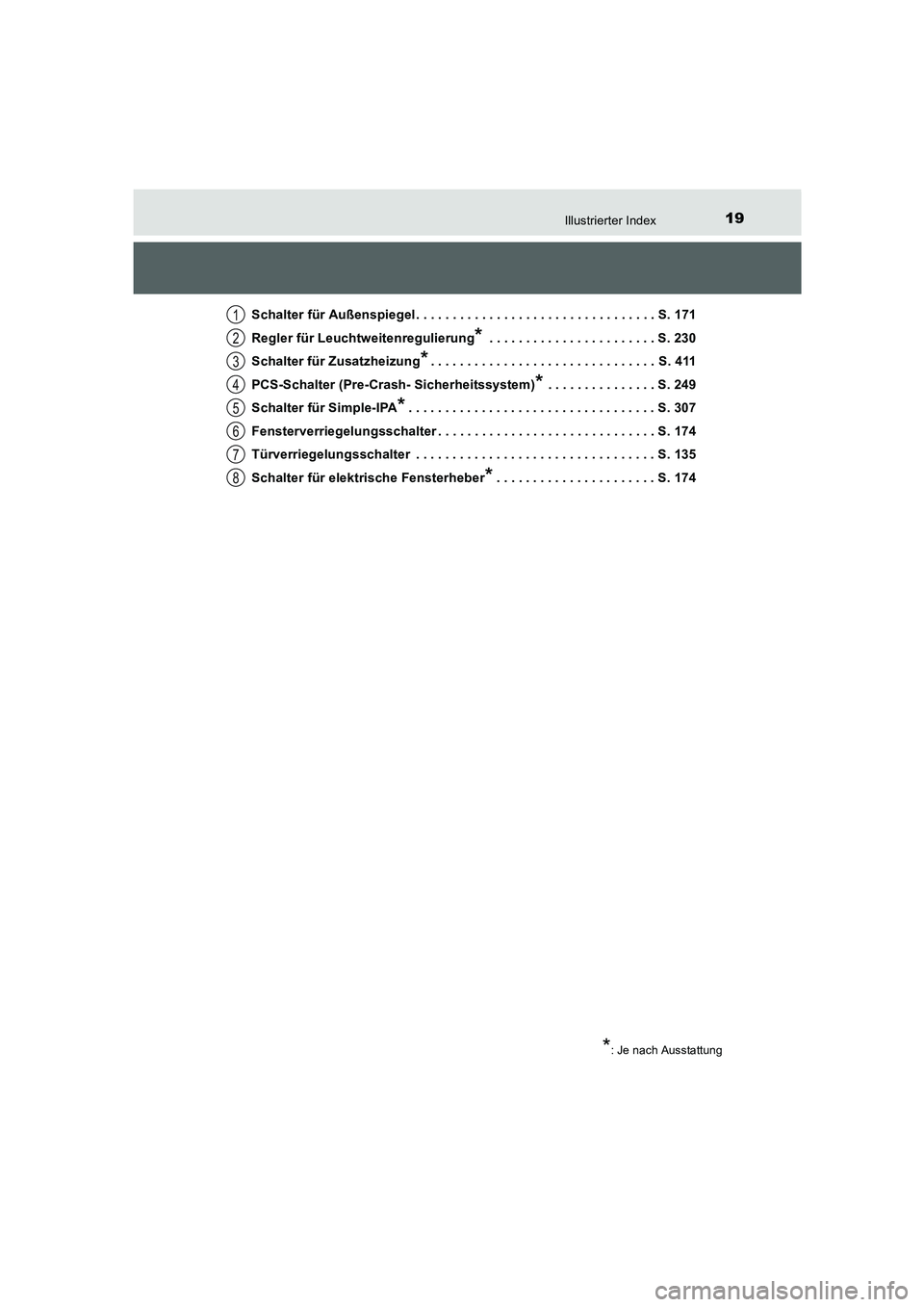 TOYOTA AURIS 2016  Betriebsanleitungen (in German) 19Illustrierter Index
UK_AURIS_Touring_Sport_EM (OM12J33M)Schalter für Außenspiegel . . . . . . . . . . . . . . . . . . . . . . . . . . . . . . . . . S. 171
Regler für Leuchtweitenregulierung
* . .