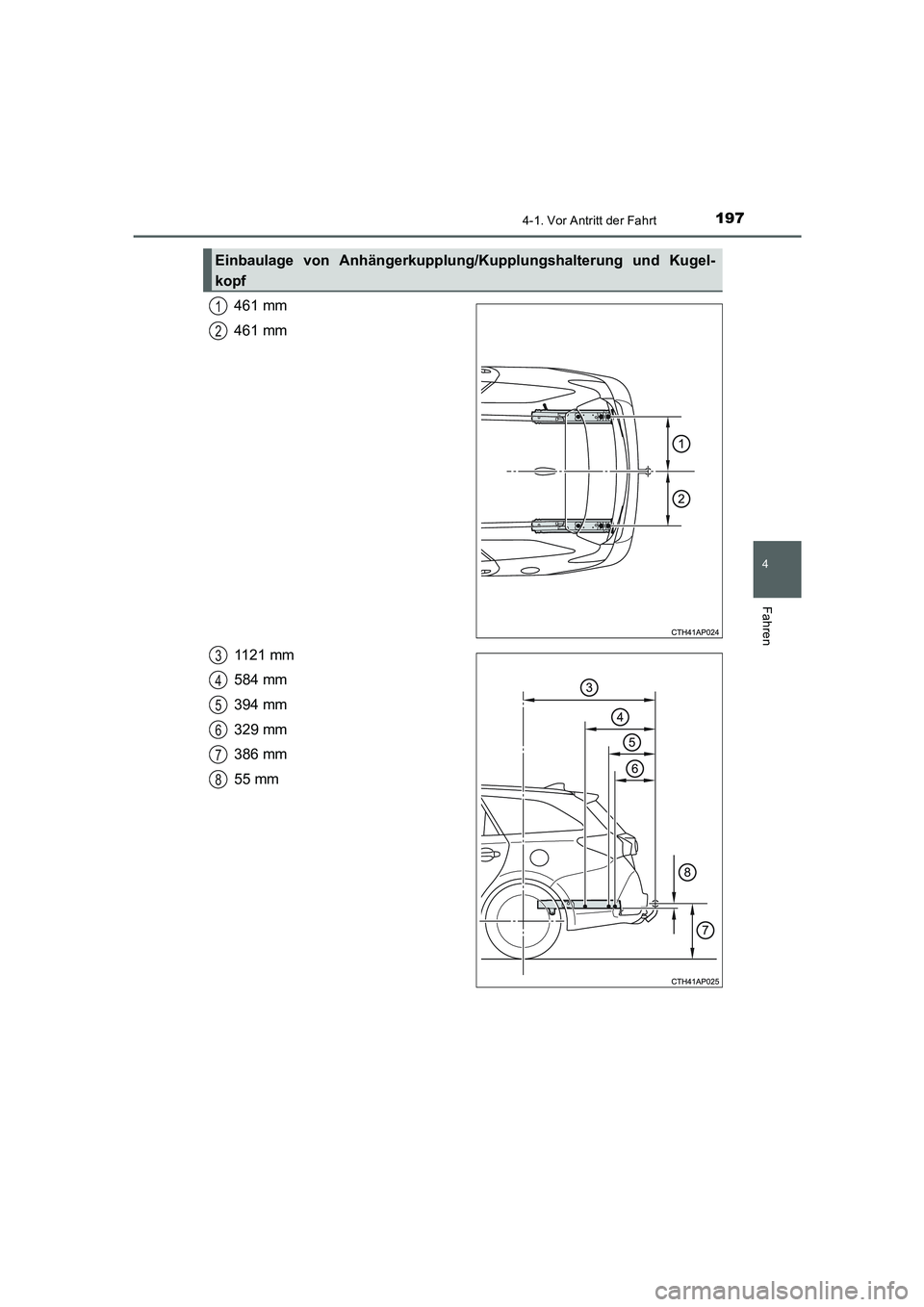 TOYOTA AURIS 2016 Betriebsanleitungen (in German) 1974-1. Vor Antritt der Fahrt
4
Fahren
UK_AURIS_Touring_Sport_EM (OM12J33M)
461 mm
461 mm
1121 mm
584 mm
394 mm
329 mm
386 mm
55 mm
Einbaulage von Anhängerkupplung/Kupplungshalterung und Kugel-
kopf
TOYOTA AURIS 2016 Betriebsanleitungen (in German) 1974-1. Vor Antritt der Fahrt
4
Fahren
UK_AURIS_Touring_Sport_EM (OM12J33M)
461 mm
461 mm
1121 mm
584 mm
394 mm
329 mm
386 mm
55 mm
Einbaulage von Anhängerkupplung/Kupplungshalterung und Kugel-
kopf