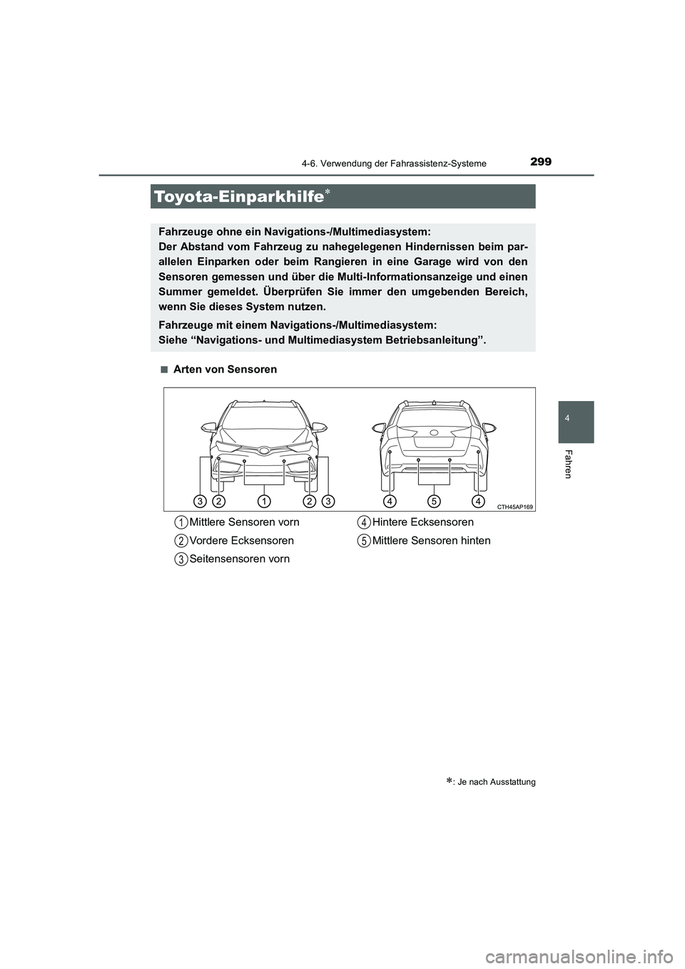 TOYOTA AURIS 2016 Betriebsanleitungen (in German) 2994-6. Verwendung der Fahrassistenz-Systeme
4
Fahren
UK_AURIS_Touring_Sport_EM (OM12J33M)■
Arten von Sensoren
Toyota-Einparkhilfe∗
∗: Je nach Ausstattung
Fahrzeuge ohne ein Navigations-/Multime TOYOTA AURIS 2016 Betriebsanleitungen (in German) 2994-6. Verwendung der Fahrassistenz-Systeme
4
Fahren
UK_AURIS_Touring_Sport_EM (OM12J33M)■
Arten von Sensoren
Toyota-Einparkhilfe∗
∗: Je nach Ausstattung
Fahrzeuge ohne ein Navigations-/Multime