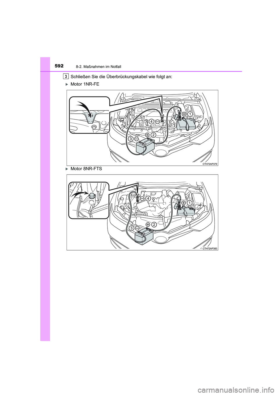 TOYOTA AURIS 2016  Betriebsanleitungen (in German) 5928-2. Maßnahmen im Notfall
UK_AURIS_Touring_Sport_EM (OM12J33M)
Schließen Sie die Überbrückungskabel wie folgt an:
�XMotor 1NR-FE
�XMotor 8NR-FTS
3
AURIS Touring Sports_OM_EM_OM12J33M.book  592 