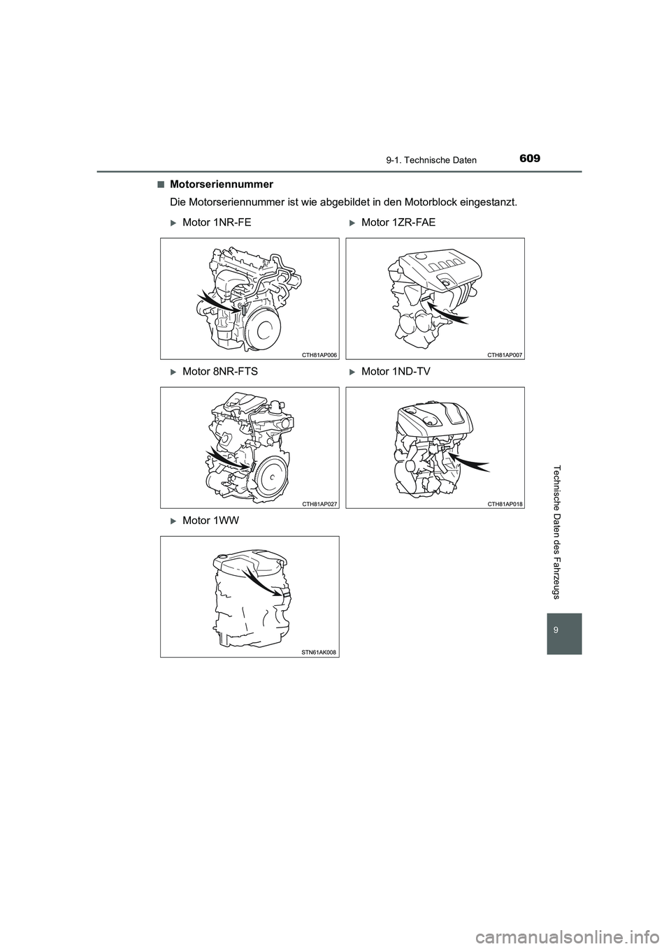 TOYOTA AURIS 2016  Betriebsanleitungen (in German) 609
9
9-1. Technische Daten
Technische Daten des Fahrzeugs
UK_AURIS_Touring_Sport_EM (OM12J33M)■
Motorseriennummer
Die Motorseriennummer ist wie abgebildet in den Motorblock eingestanzt.
�XMotor 1NR