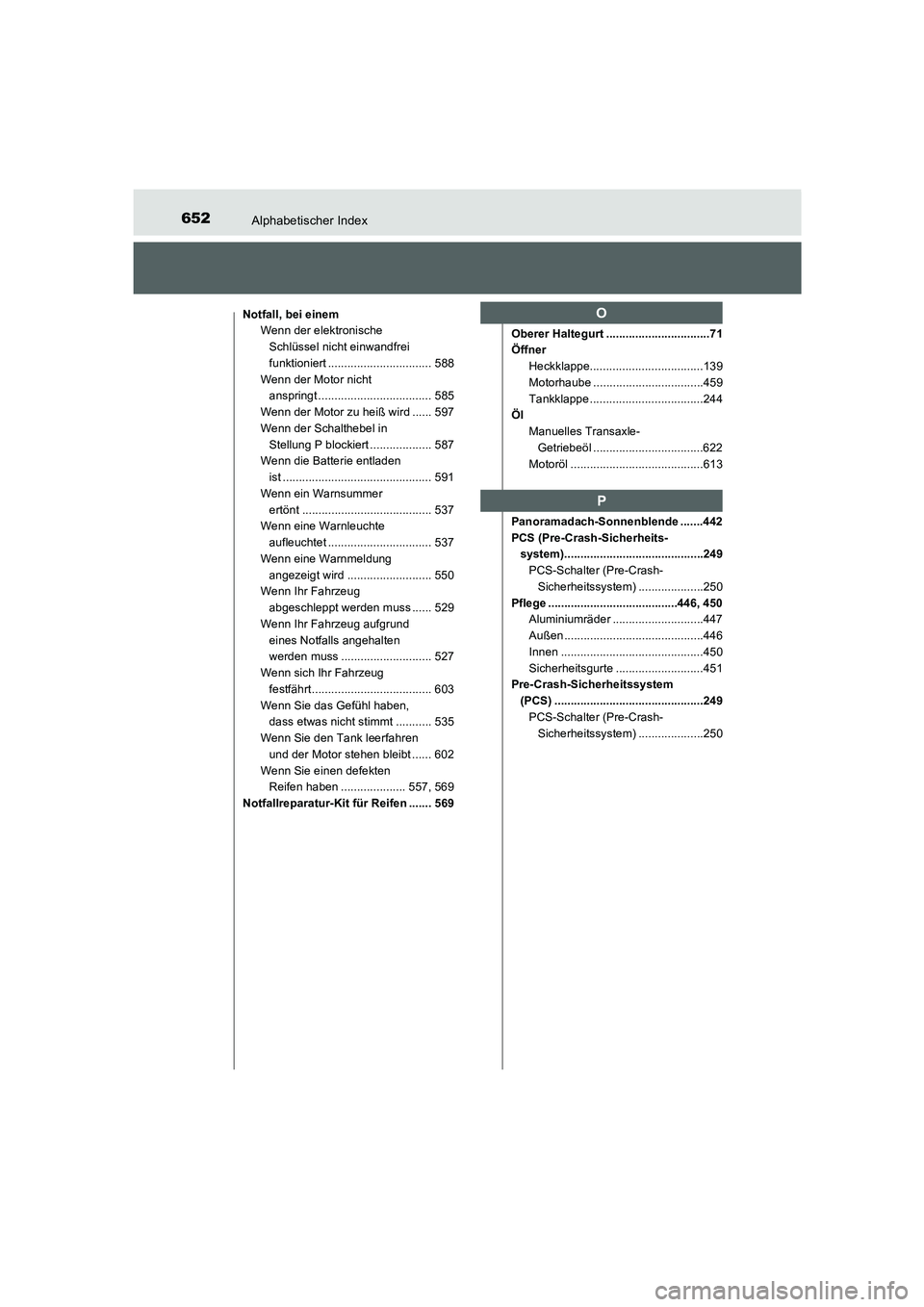 TOYOTA AURIS 2016  Betriebsanleitungen (in German) 652Alphabetischer Index
UK_AURIS_Touring_Sport_EM (OM12J33M)
Notfall, bei einem
Wenn der elektronische 
Schlüssel nicht einwandfrei 
funktioniert ................................ 588
Wenn der Motor n