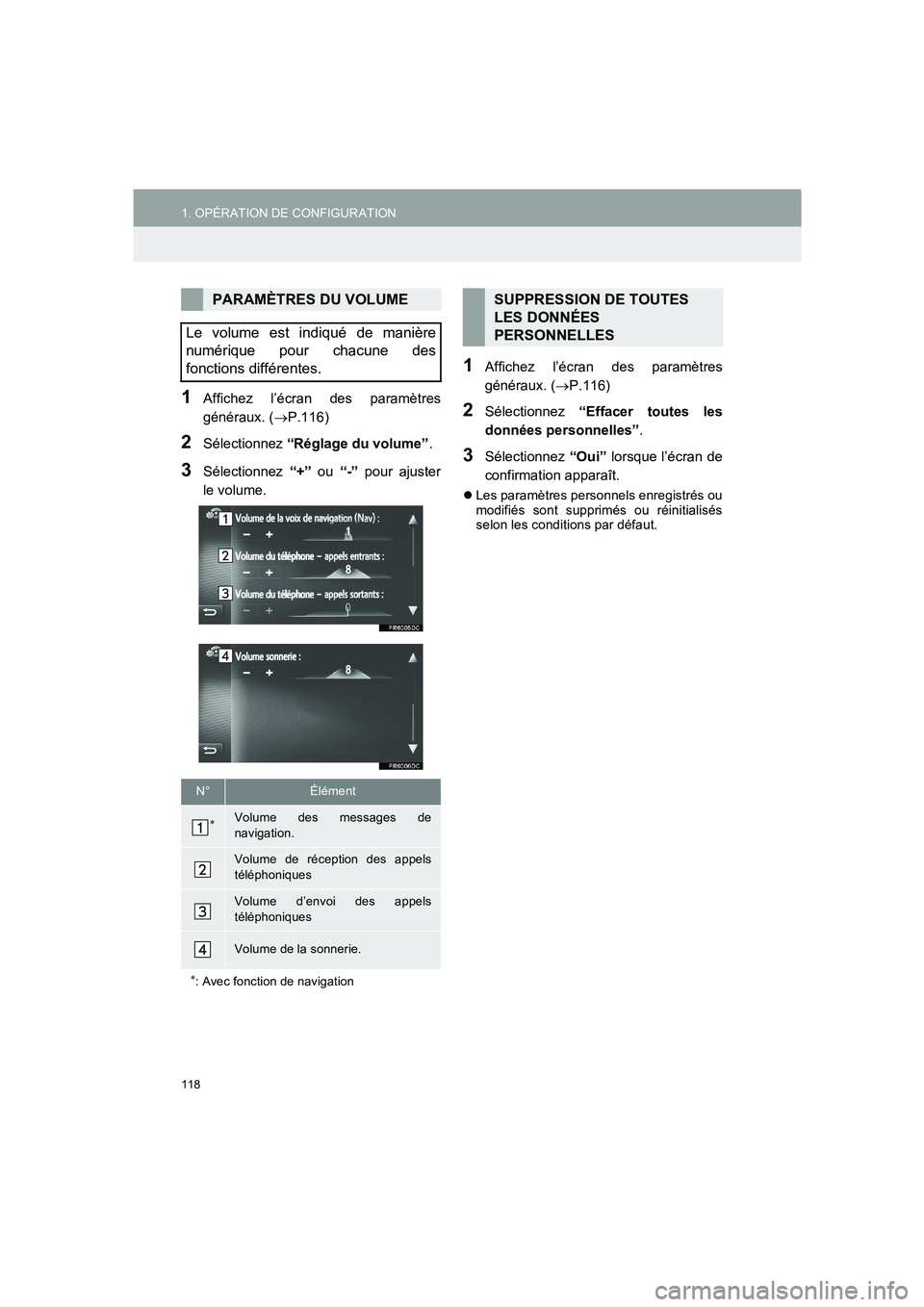 TOYOTA AURIS 2014  Notices Demploi (in French) 118
1. OPÉRATION DE CONFIGURATION
COROLLA_14CY_Navi_EK
1Affichez l’écran des paramètres
généraux. (→P.116)
2Sélectionnez “Réglage du volume”.
3Sélectionnez “+” ou “-” pour ajus