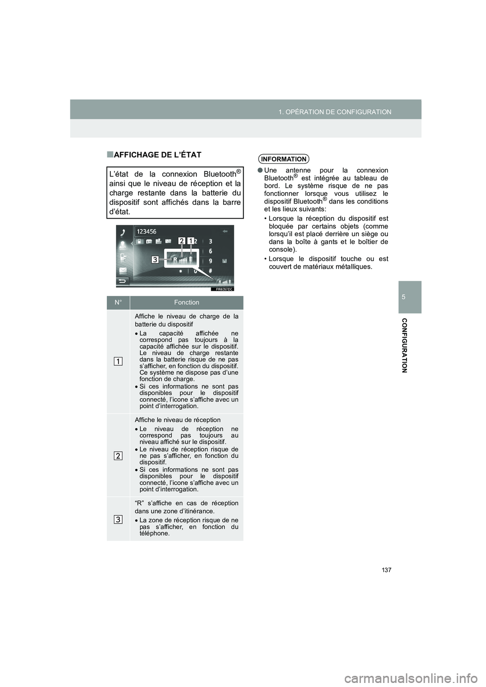 TOYOTA AURIS 2014  Notices Demploi (in French) 137
1. OPÉRATION DE CONFIGURATION
5
CONFIGURATION
COROLLA_14CY_Navi_EK
■AFFICHAGE DE L’ÉTAT
L’état de la connexion Bluetooth
®
ainsi que le niveau de réception et la
charge restante dans la
