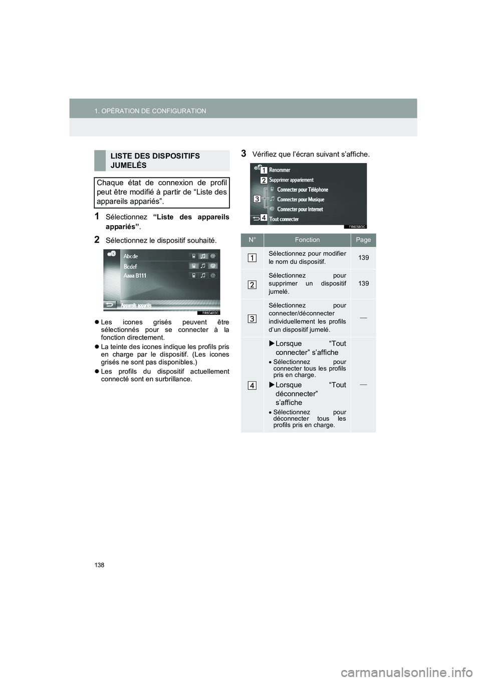TOYOTA AURIS 2014  Notices Demploi (in French) 138
1. OPÉRATION DE CONFIGURATION
COROLLA_14CY_Navi_EK
1Sélectionnez “Liste des appareils
appariés”.
2Sélectionnez le dispositif souhaité.
�zLes icones grisés peuvent être
sélectionnés po