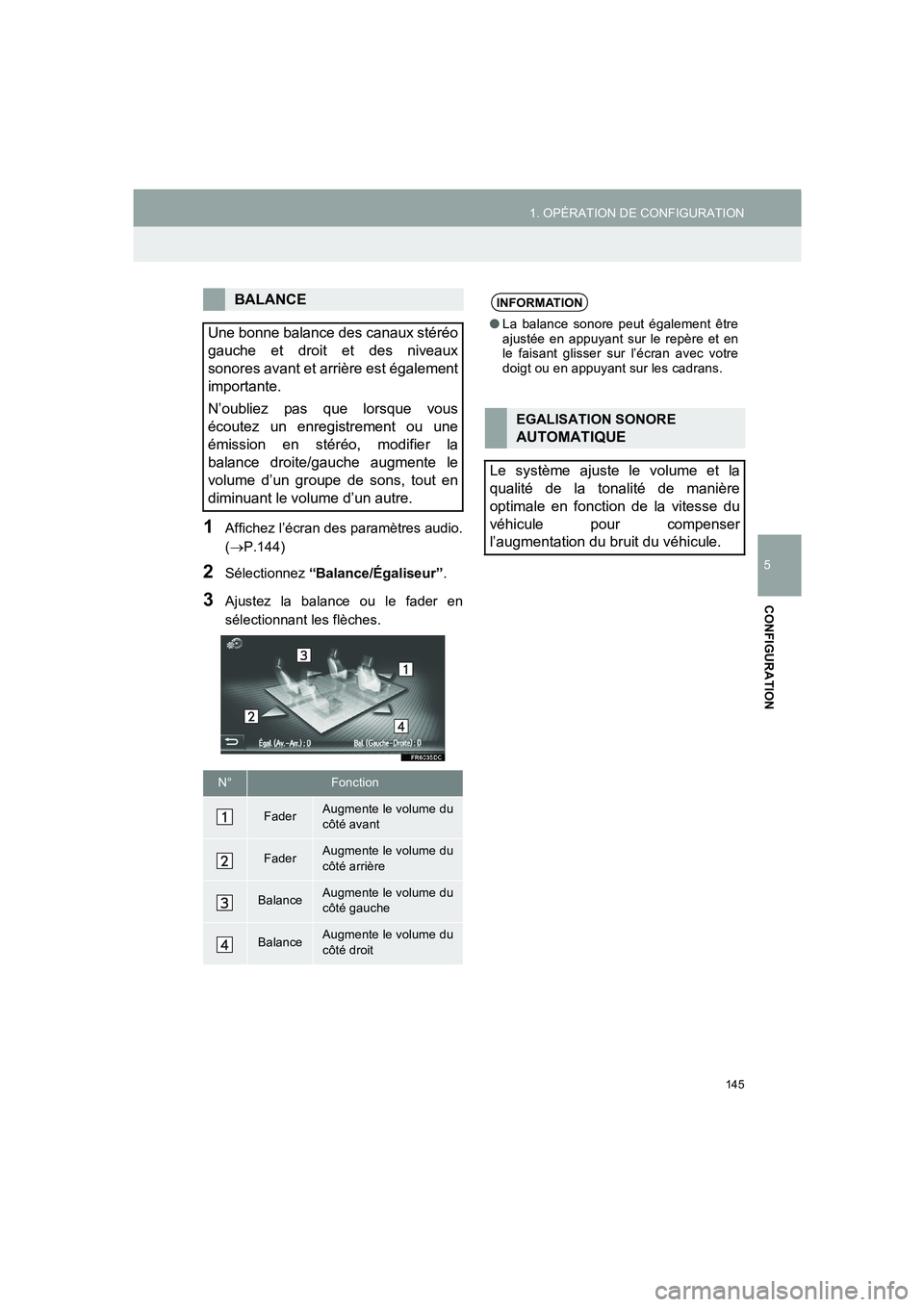 TOYOTA AURIS 2014 Notices Demploi (in French) 145
1. OPÉRATION DE CONFIGURATION
5
CONFIGURATION
COROLLA_14CY_Navi_EK
1Affichez l’écran des paramètres audio.
(→P.144)
2Sélectionnez “Balance/Égaliseur”.
3Ajustez la balance ou le fader TOYOTA AURIS 2014 Notices Demploi (in French) 145
1. OPÉRATION DE CONFIGURATION
5
CONFIGURATION
COROLLA_14CY_Navi_EK
1Affichez l’écran des paramètres audio.
(→P.144)
2Sélectionnez “Balance/Égaliseur”.
3Ajustez la balance ou le fader