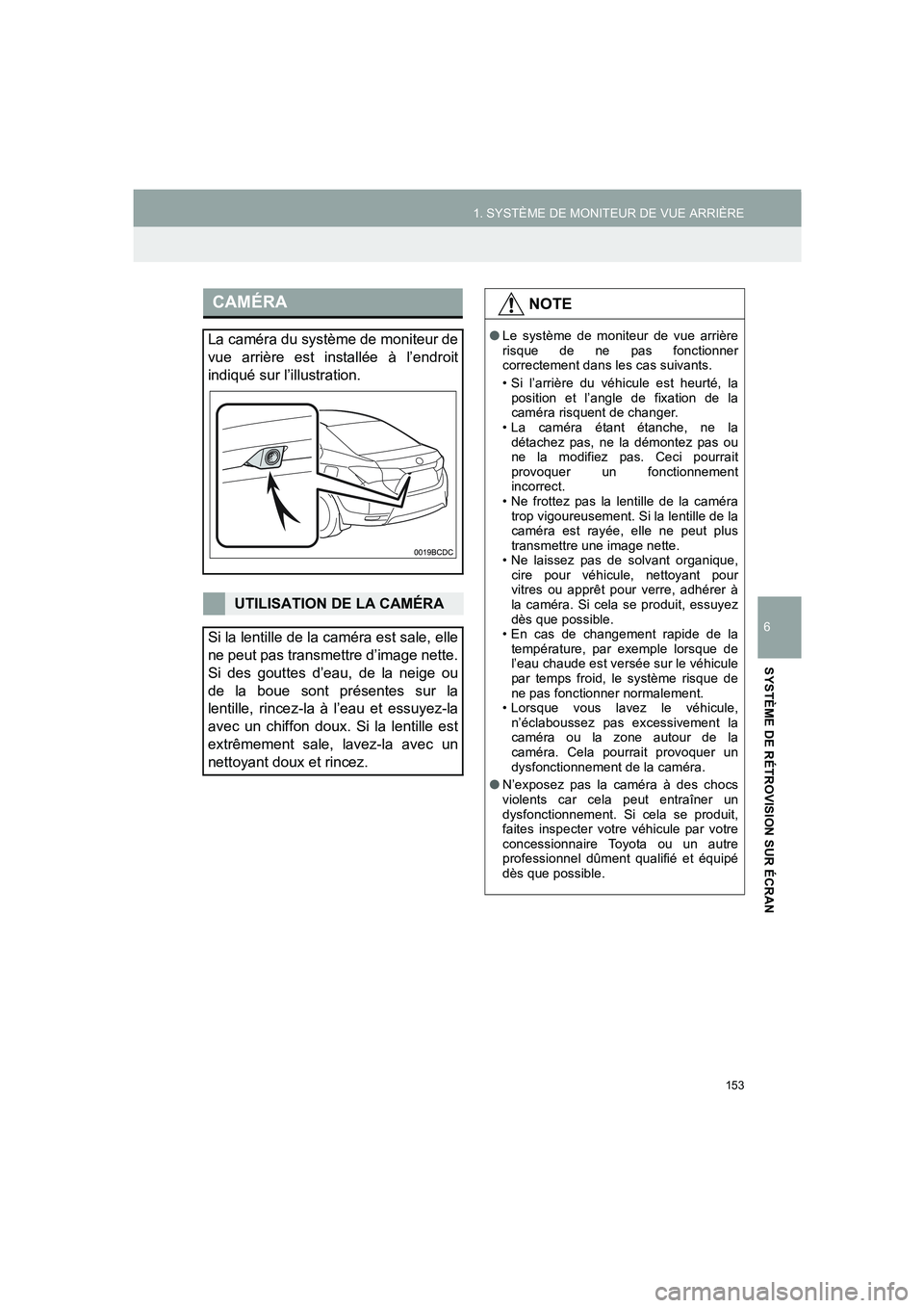 TOYOTA AURIS 2014  Notices Demploi (in French) 153
1. SYSTÈME DE MONITEUR DE VUE ARRIÈRE
COROLLA_14CY_Navi_EK
6
SYSTÈME DE RÉTROVISION SUR ÉCRAN
CAMÉRA
La caméra du système de moniteur de
vue arrière est installée à l’endroit
indiqué