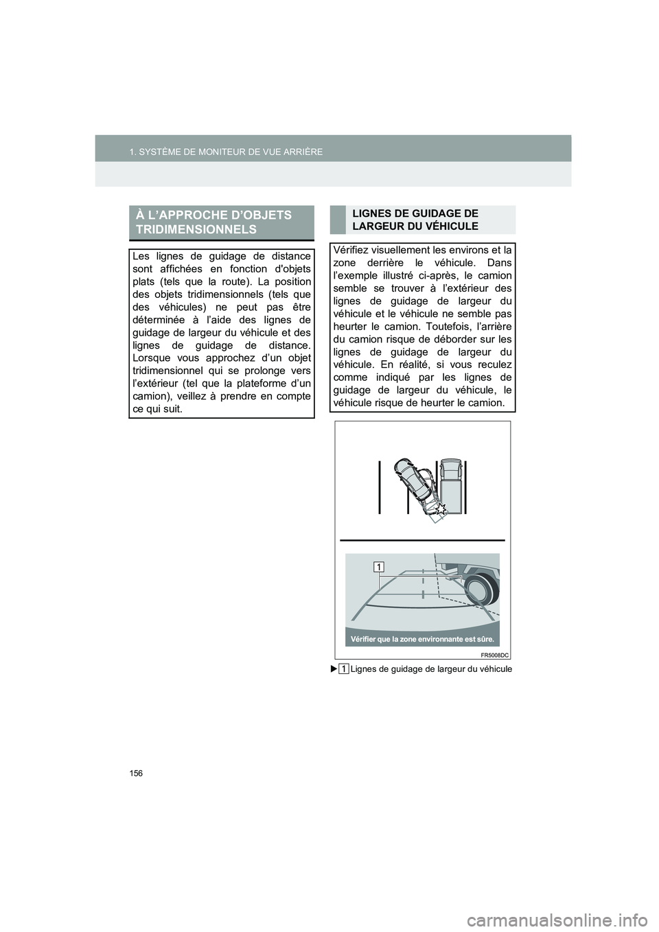 TOYOTA AURIS 2014  Notices Demploi (in French) 156
1. SYSTÈME DE MONITEUR DE VUE ARRIÈRE
COROLLA_14CY_Navi_EK
�XLignes de guidage de largeur du véhicule
À L’APPROCHE D’OBJETS 
TRIDIMENSIONNELS
Les lignes de guidage de distance
sont affich