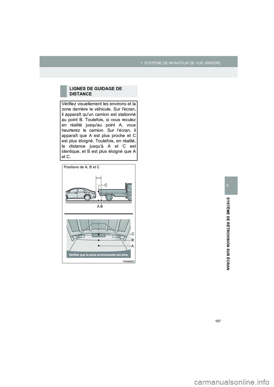 TOYOTA AURIS 2014  Notices Demploi (in French) 157
1. SYSTÈME DE MONITEUR DE VUE ARRIÈRE
COROLLA_14CY_Navi_EK
6
SYSTÈME DE RÉTROVISION SUR ÉCRAN
LIGNES DE GUIDAGE DE 
DISTANCE
Vérifiez visuellement les environs et la
zone derrière le véhic