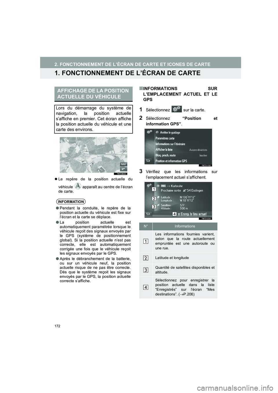 TOYOTA AURIS 2014  Notices Demploi (in French) 172
COROLLA_14CY_Navi_EK
2. FONCTIONNEMENT DE L’ÉCRAN DE CARTE ET ICONES DE CARTE
1. FONCTIONNEMENT DE L’ÉCRAN DE CARTE
�zLe repère de la position actuelle du
véhicule   apparaît au centre de