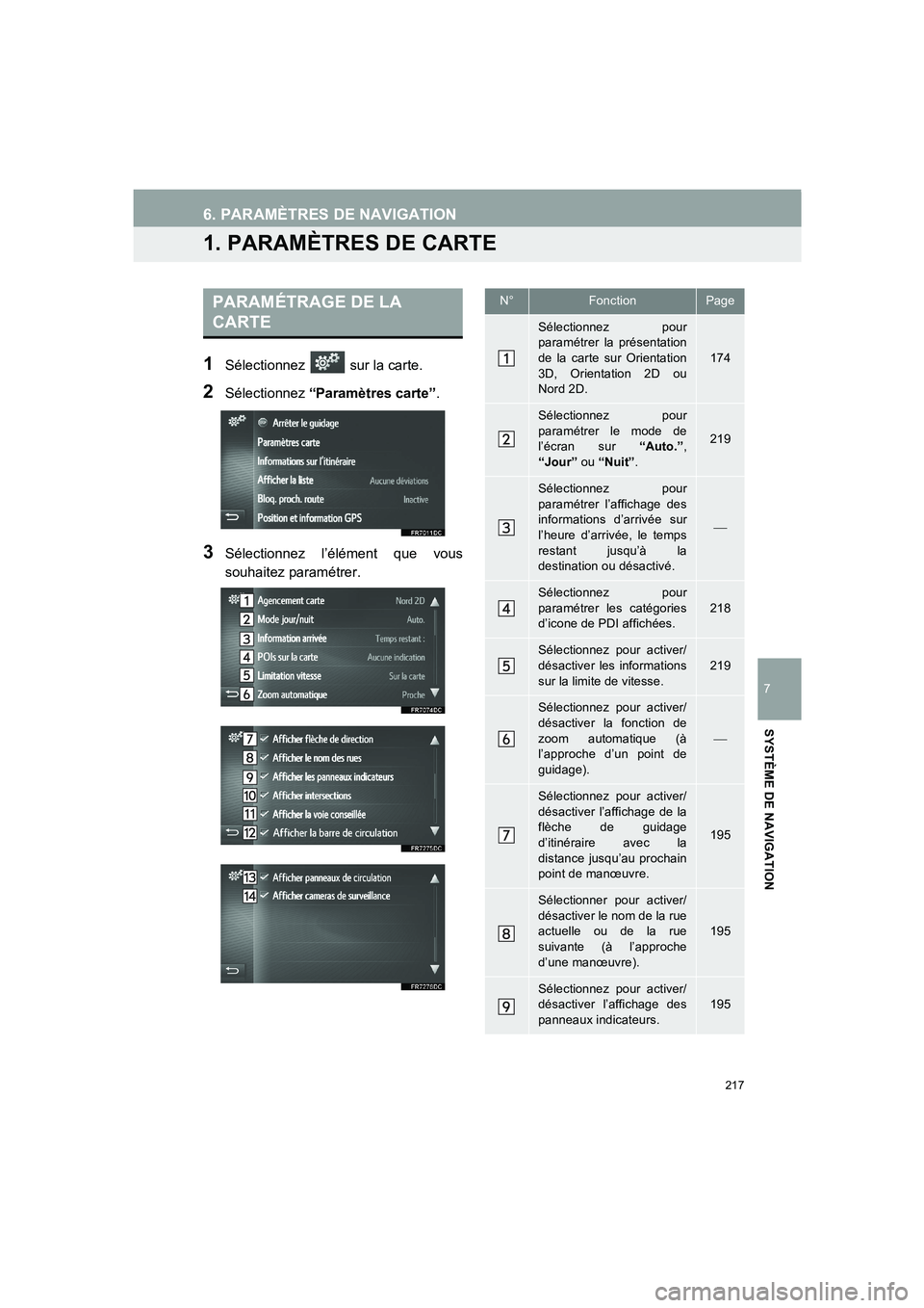 TOYOTA AURIS 2014  Notices Demploi (in French) 217
COROLLA_14CY_Navi_EK
7
SYSTÈME DE NAVIGATION
6. PARAMÈTRES DE NAVIGATION
1. PARAMÈTRES DE CARTE
1Sélectionnez  sur la carte.
2Sélectionnez “Paramètres carte”.
3Sélectionnez l’élémen