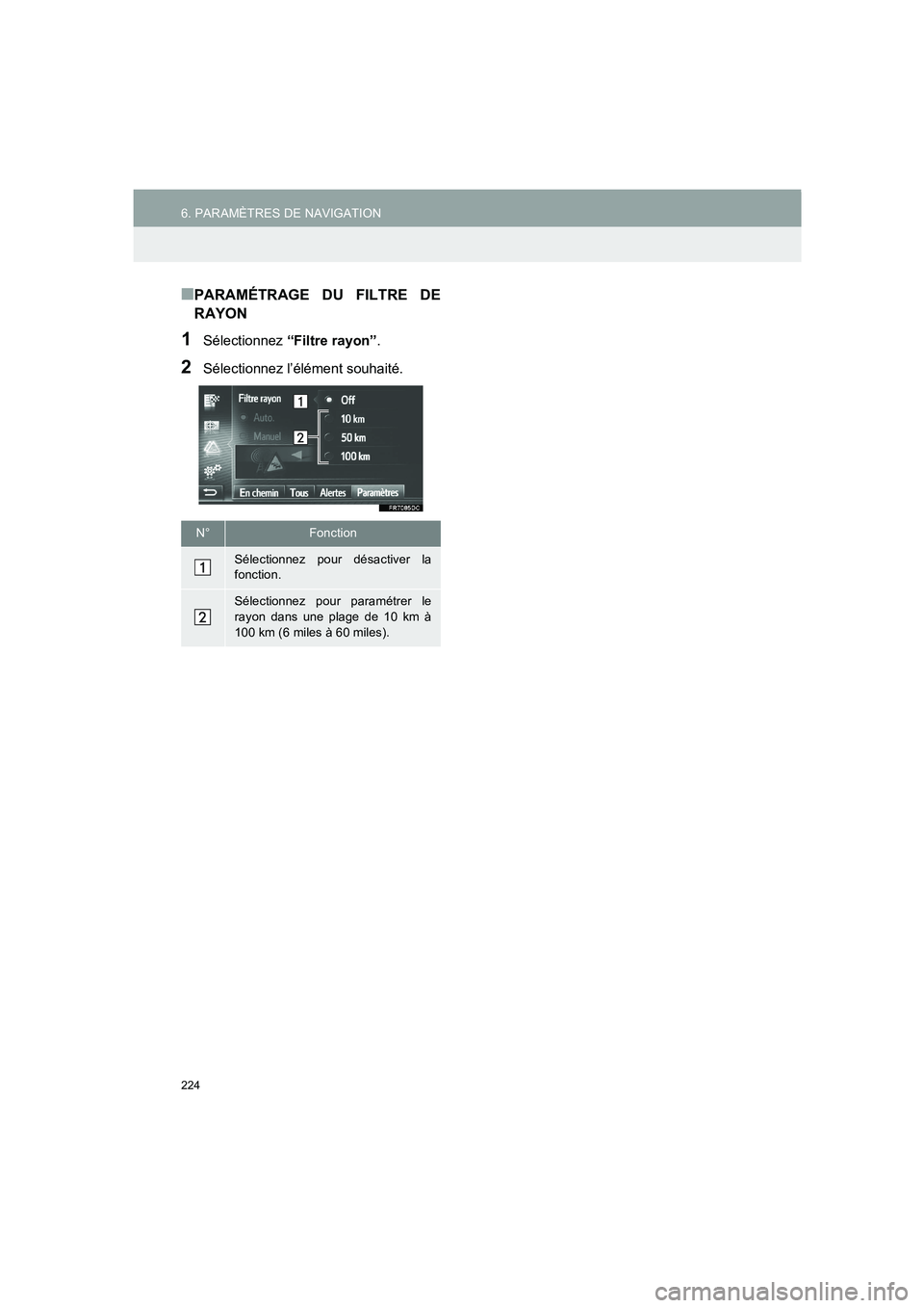 TOYOTA AURIS 2014  Notices Demploi (in French) 224
6. PARAMÈTRES DE NAVIGATION
COROLLA_14CY_Navi_EK
■PARAMÉTRAGE DU FILTRE DE
RAYON
1Sélectionnez “Filtre rayon”.
2Sélectionnez l’élément souhaité.
N°Fonction
Sélectionnez pour désa