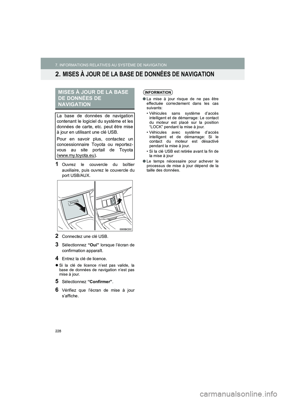 TOYOTA AURIS 2014  Notices Demploi (in French) 228
7. INFORMATIONS RELATIVES AU SYSTÈME DE NAVIGATION
COROLLA_14CY_Navi_EK
2. MISES À JOUR DE LA BASE DE DONNÉES DE NAVIGATION
1Ouvrez le couvercle du boîtier
auxiliaire, puis ouvrez le couvercle